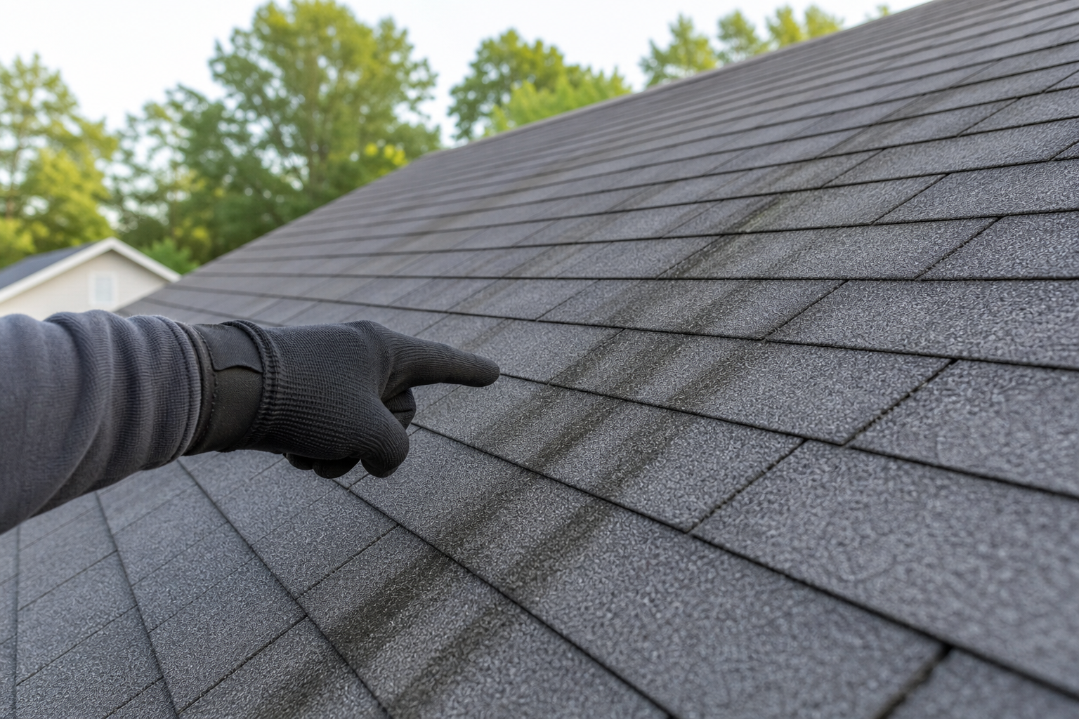A roofing inspector points to dark algae streaks running down gray asphalt shingles on a shaded roof.