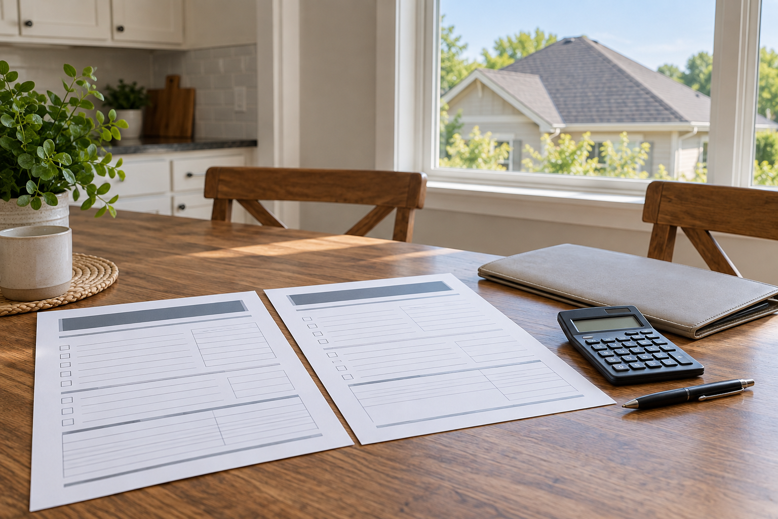 Two blank roofing proposals and a calculator sit on a kitchen table with a shingle roof visible outside.