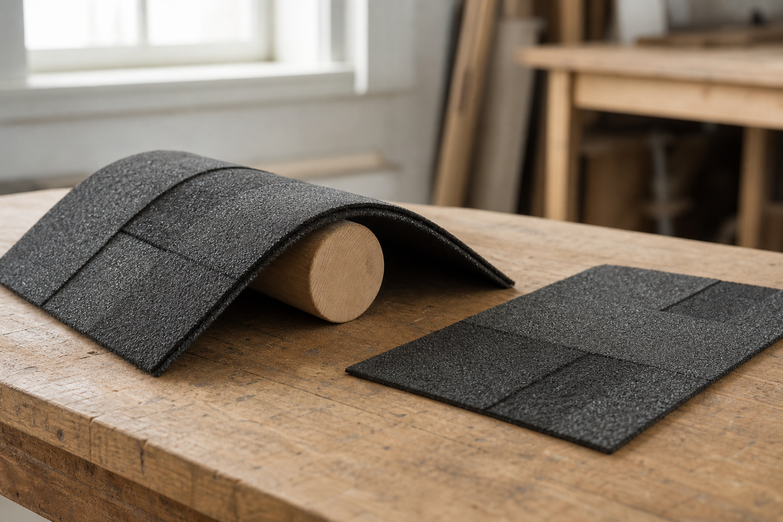 A curved asphalt shingle sample rests over a wooden form beside a flat shingle on a workshop table.