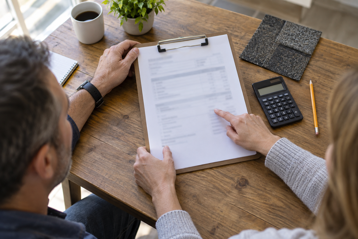 Two homeowners compare a blurred ventilation estimate beside a calculator and asphalt-shingle samples.