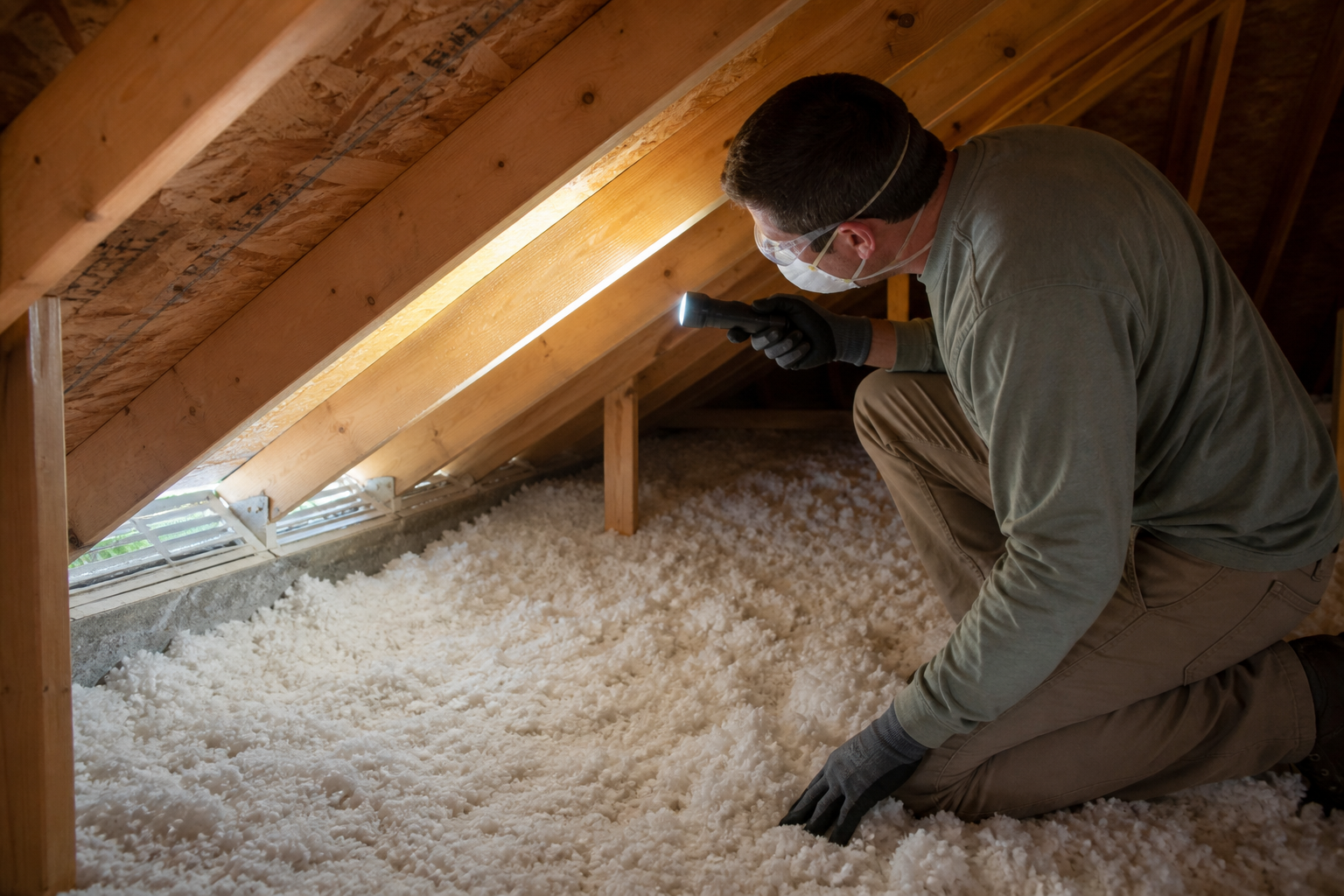 Building-performance technician examines attic insulation and soffit ventilation with a flashlight.