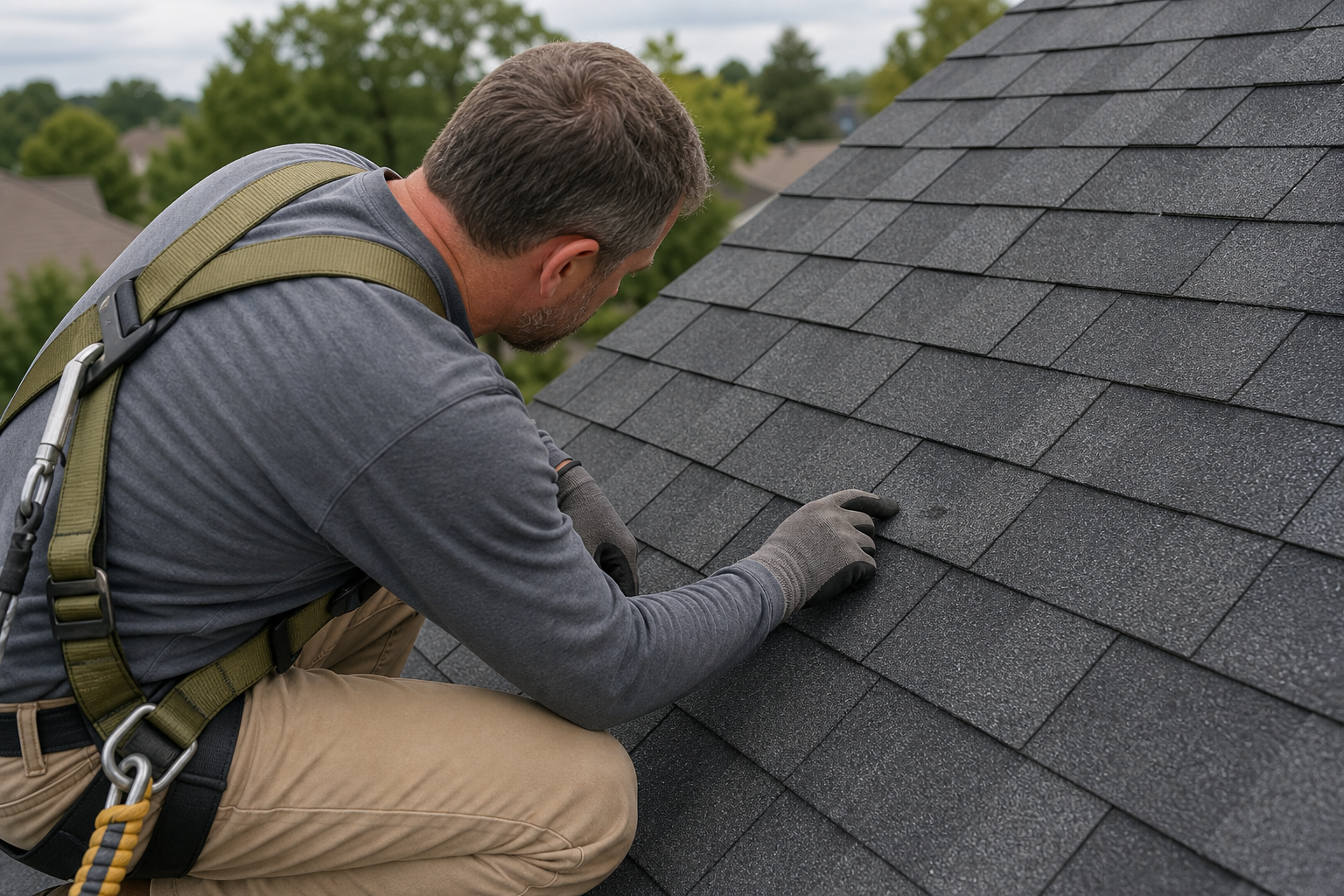 Roofing inspector in fall-protection gear examines a subtle impact mark on dark asphalt shingles.