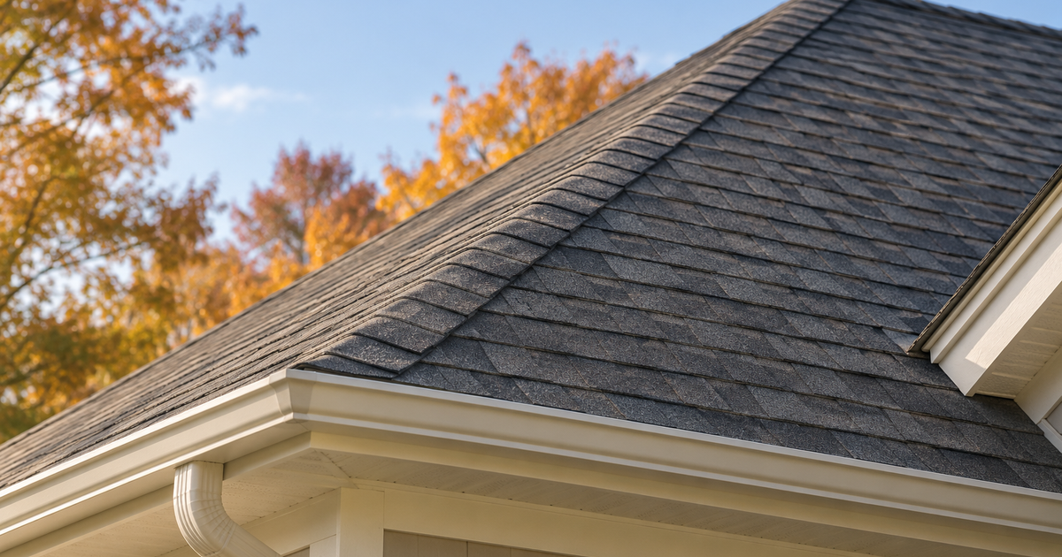 Clean architectural asphalt shingles and a roofline framed by early fall trees in Virginia.