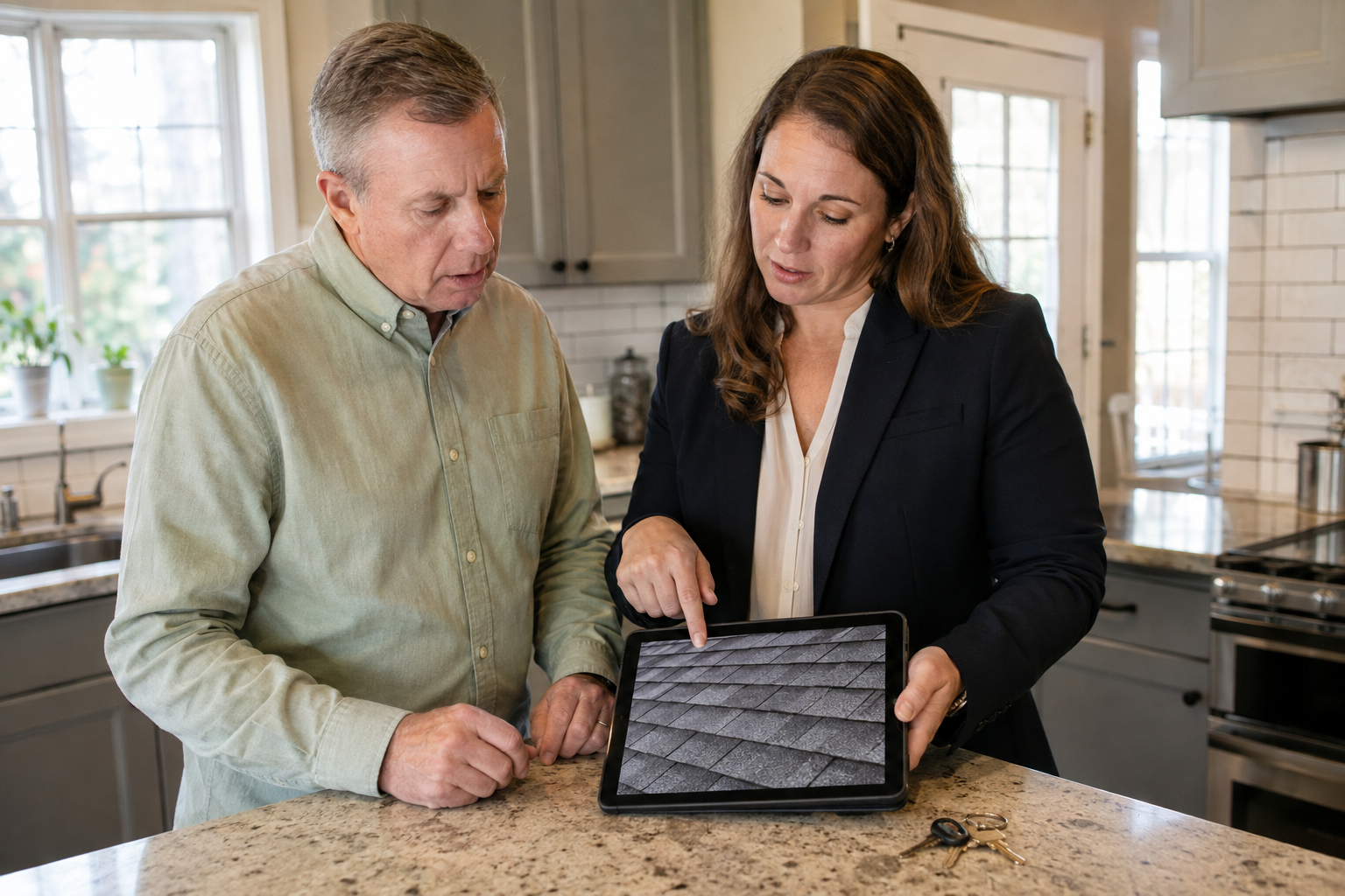A real estate agent shows a homeowner an asphalt-shingle roof photo on a tablet during a kitchen dis