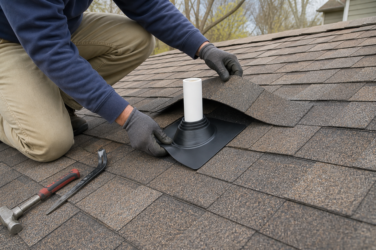 Gloved roofer positions a new pipe boot beneath asphalt shingles around a white plumbing vent.