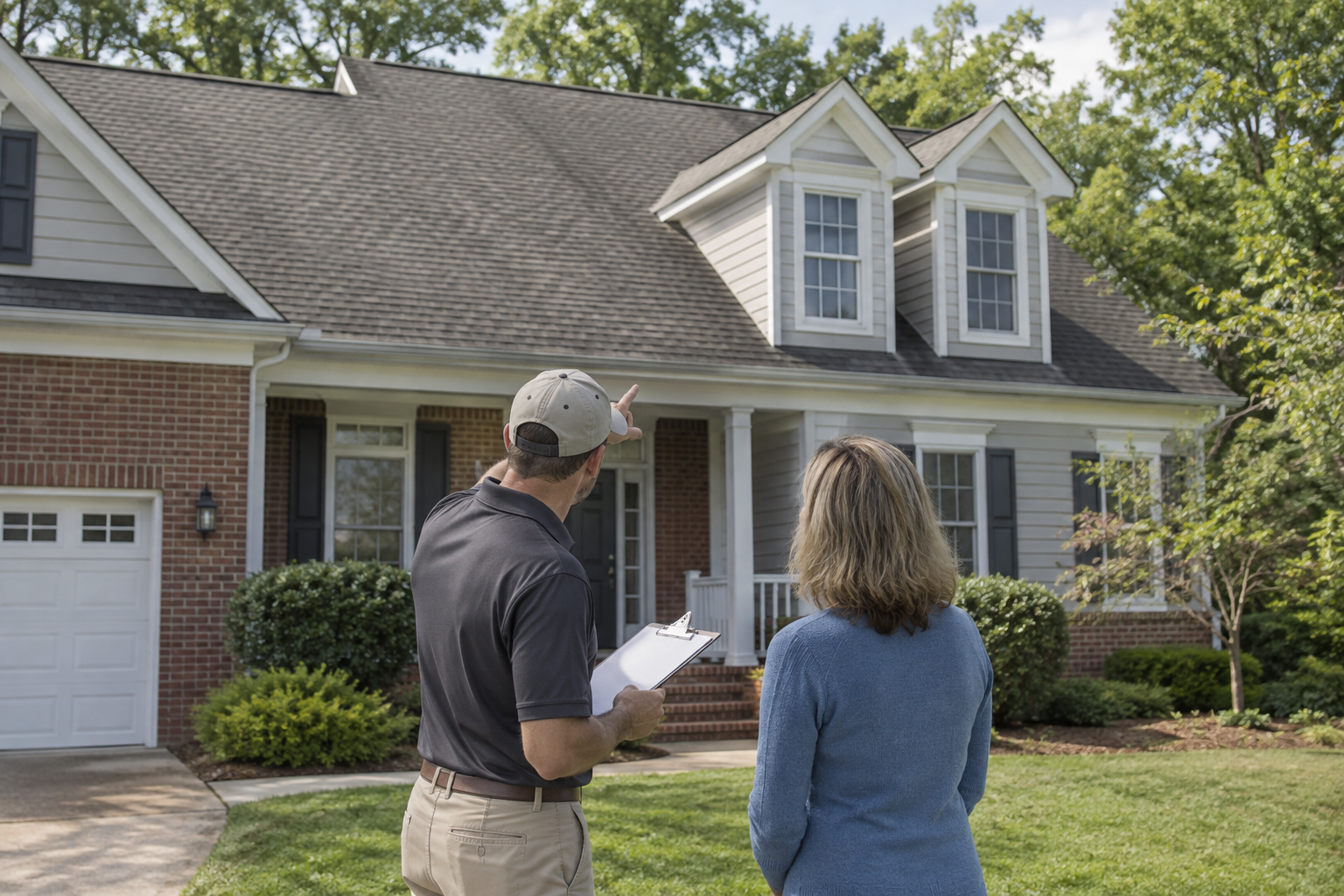 A roofing professional and homeowner look up at an asphalt-shingle roof during an exterior evaluation.