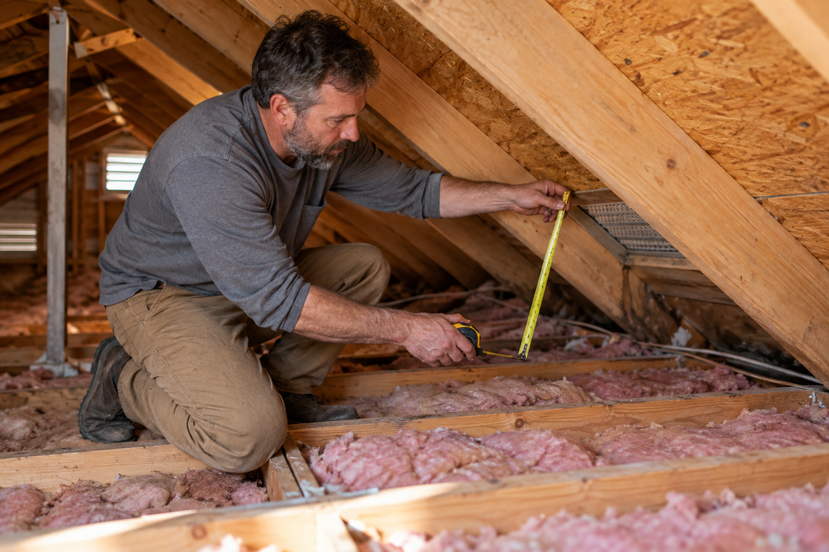 A roof evaluator measures space near the eaves of an unfinished attic beside exposed rafters and insulation.