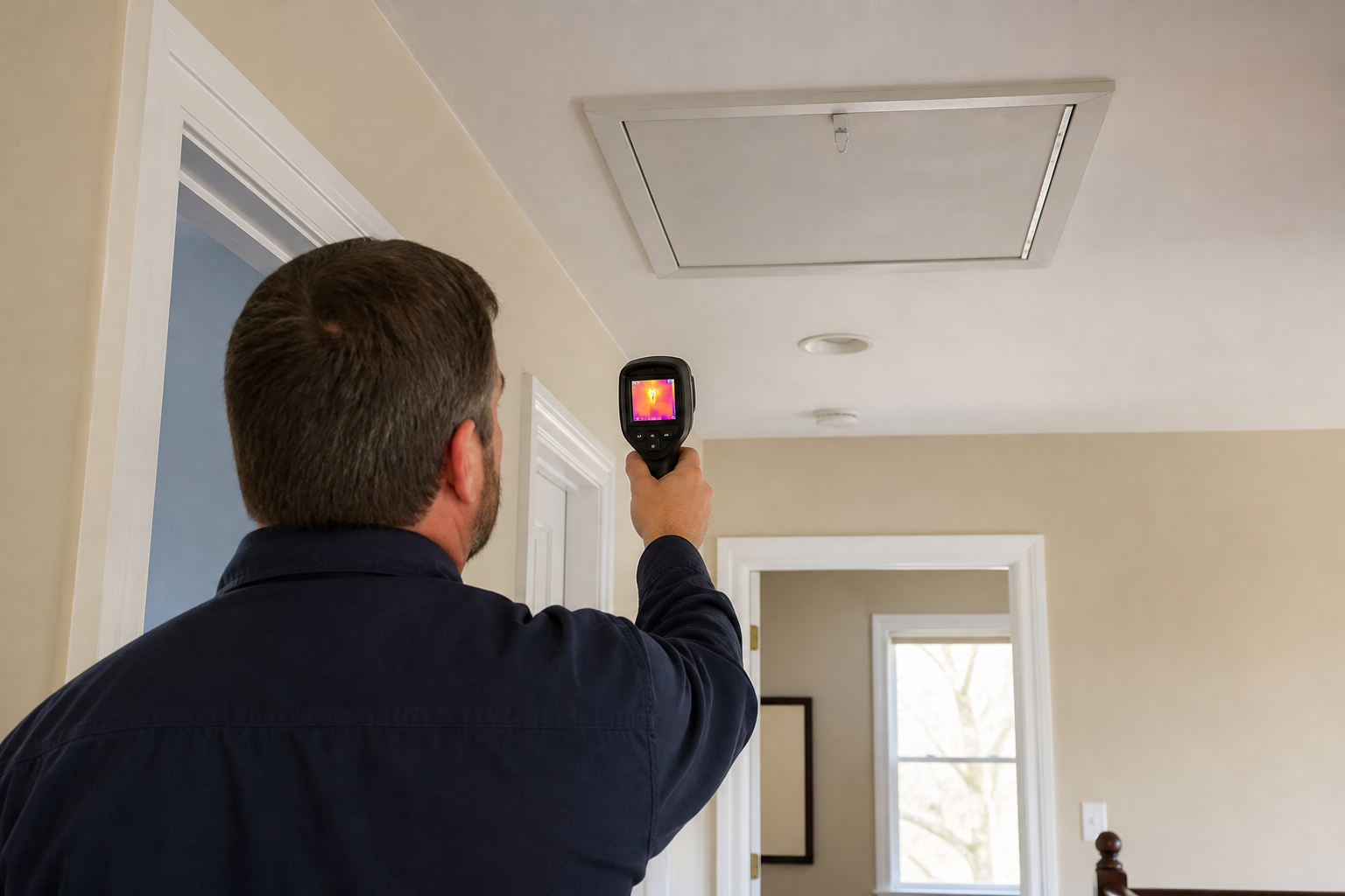 A home-energy professional scans an upstairs attic hatch with a handheld thermal imaging camera.