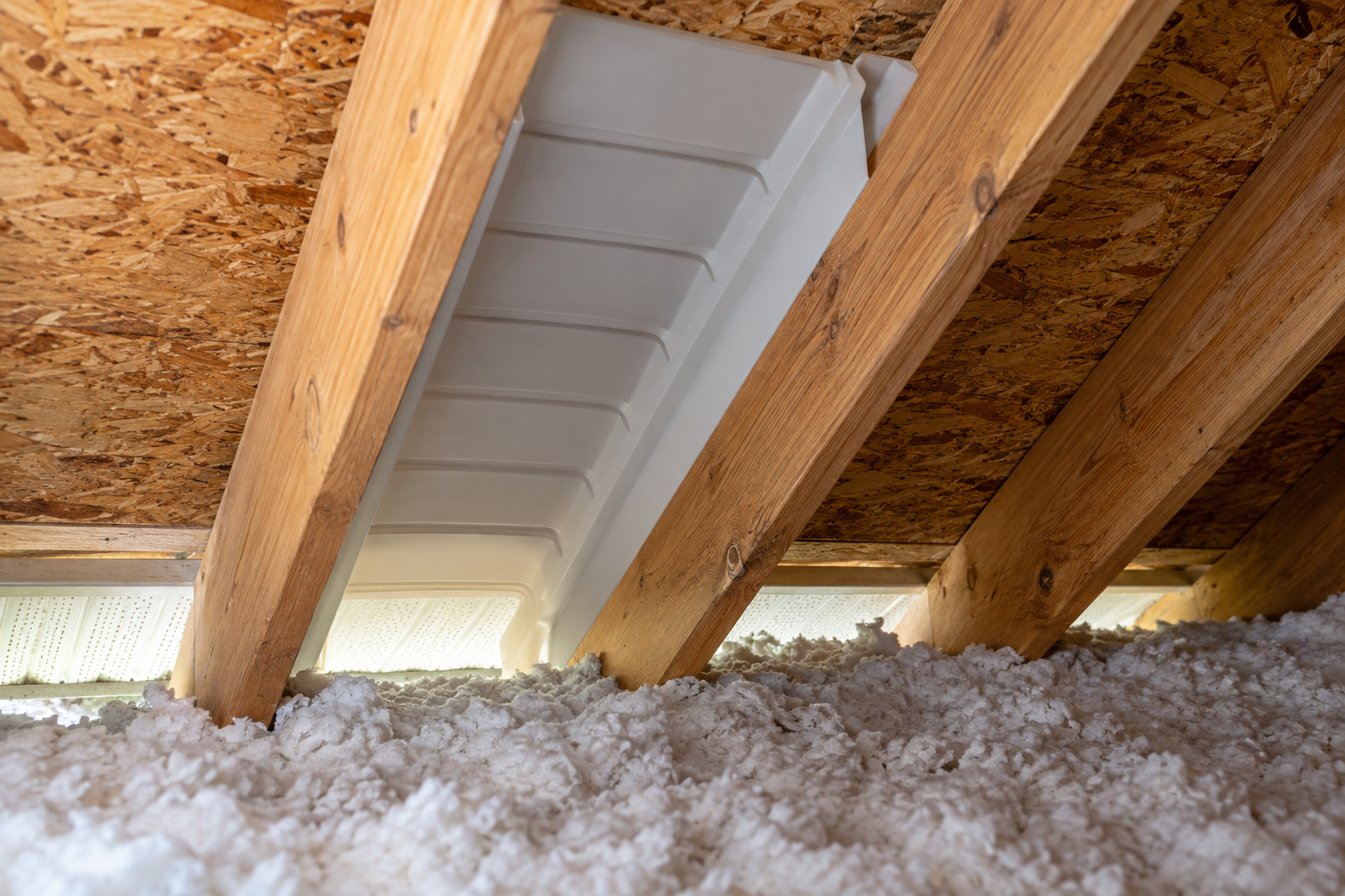 An open attic baffle keeps loose-fill insulation away from the soffit intake between two wooden rafters.
