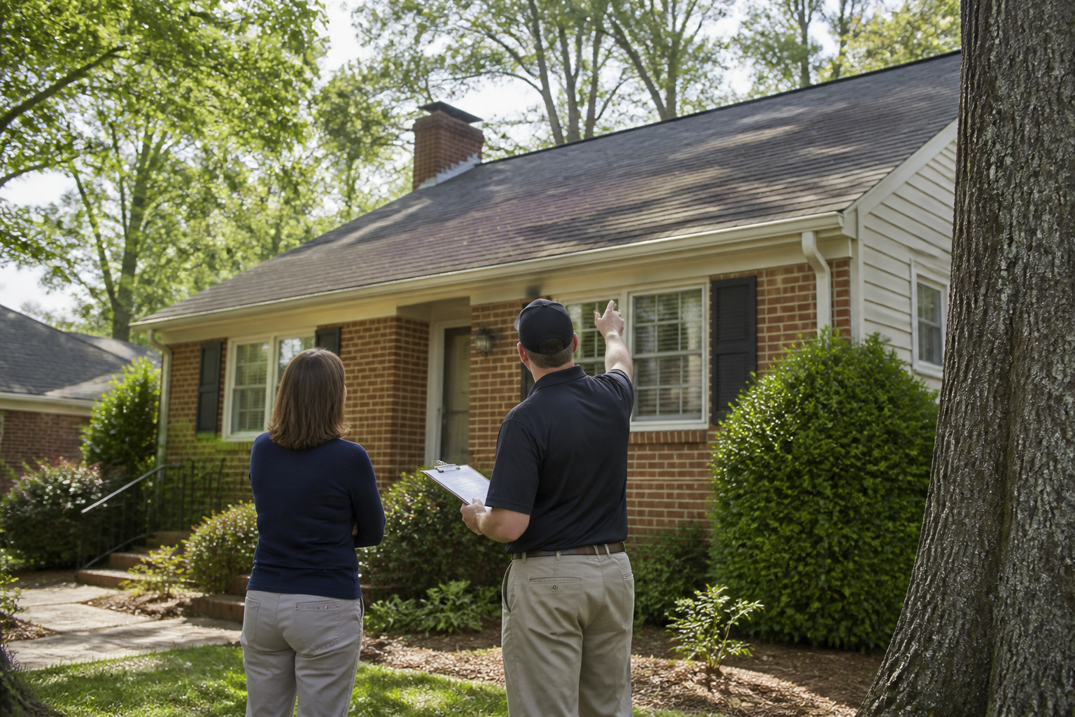 A roof inspector and homeowner evaluate the asphalt shingles on an established brick home.