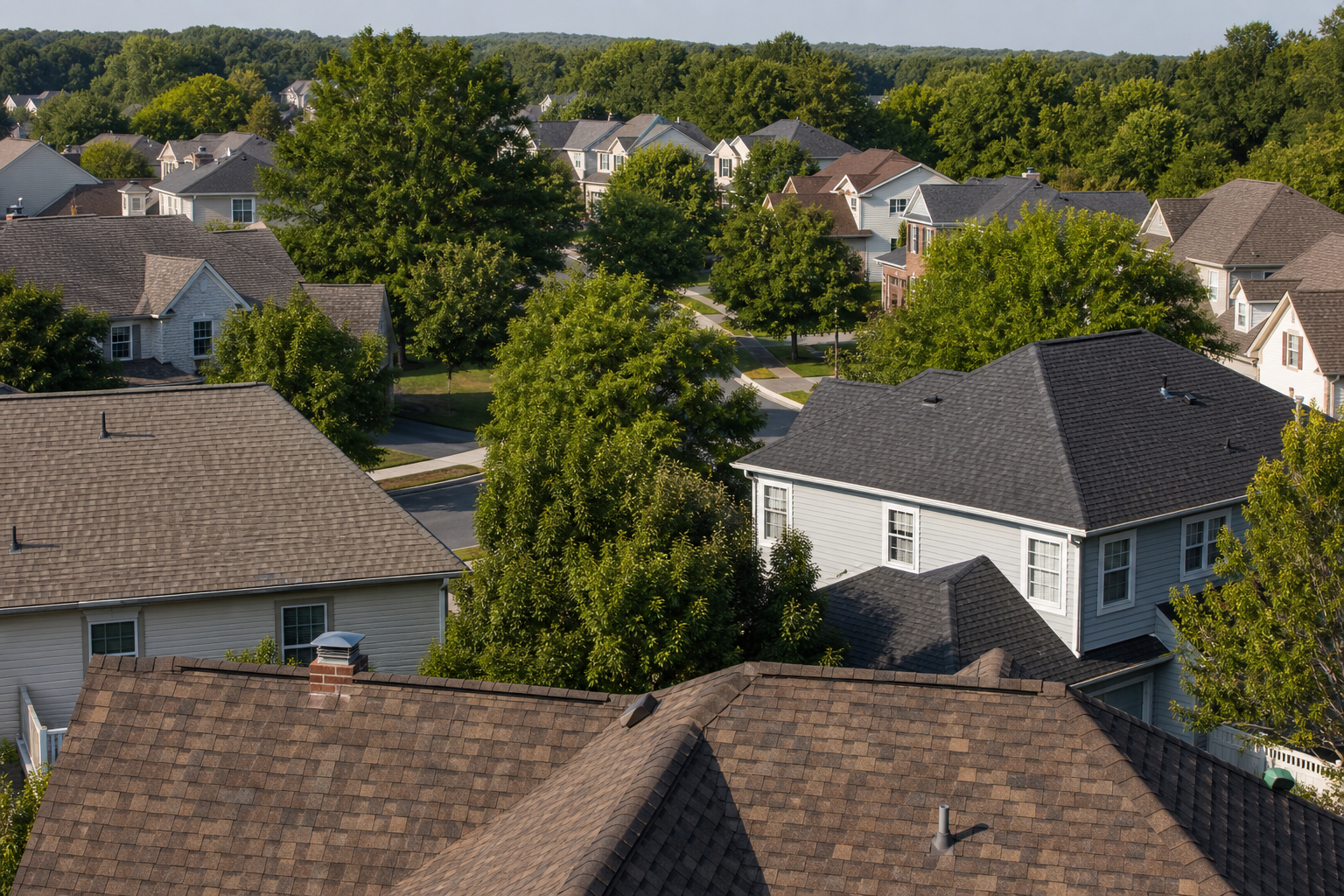 Rows of suburban homes show gray and brown asphalt-shingle roofs surrounded by mature summer trees.