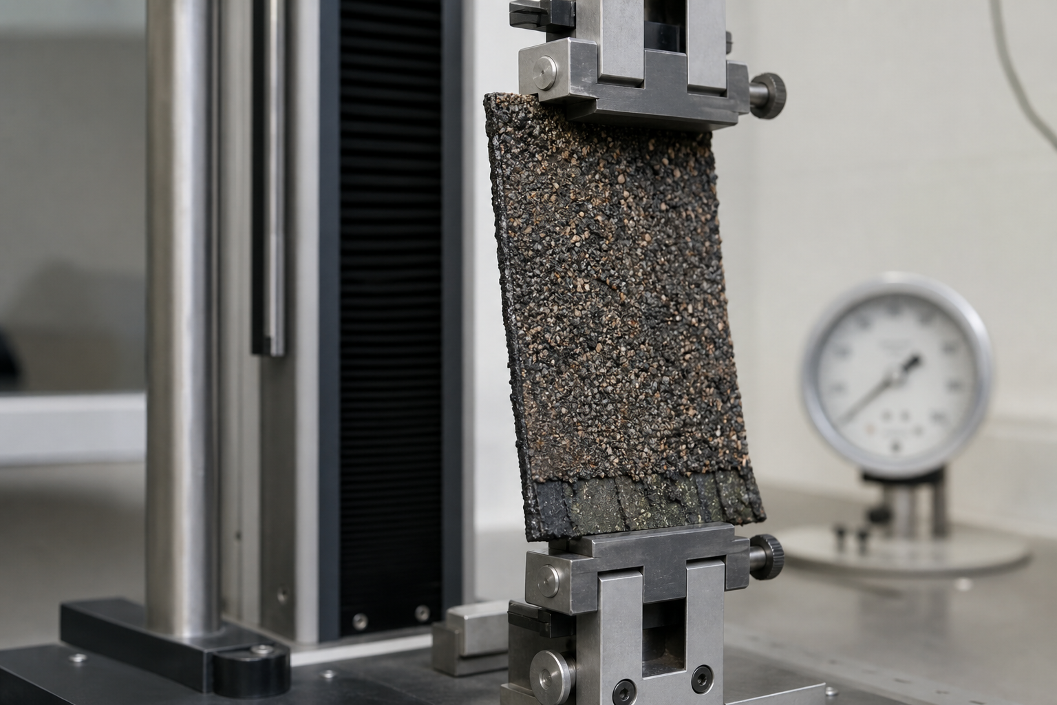 A weathered asphalt-shingle sample is secured in a laboratory fixture for controlled flexibility testing.