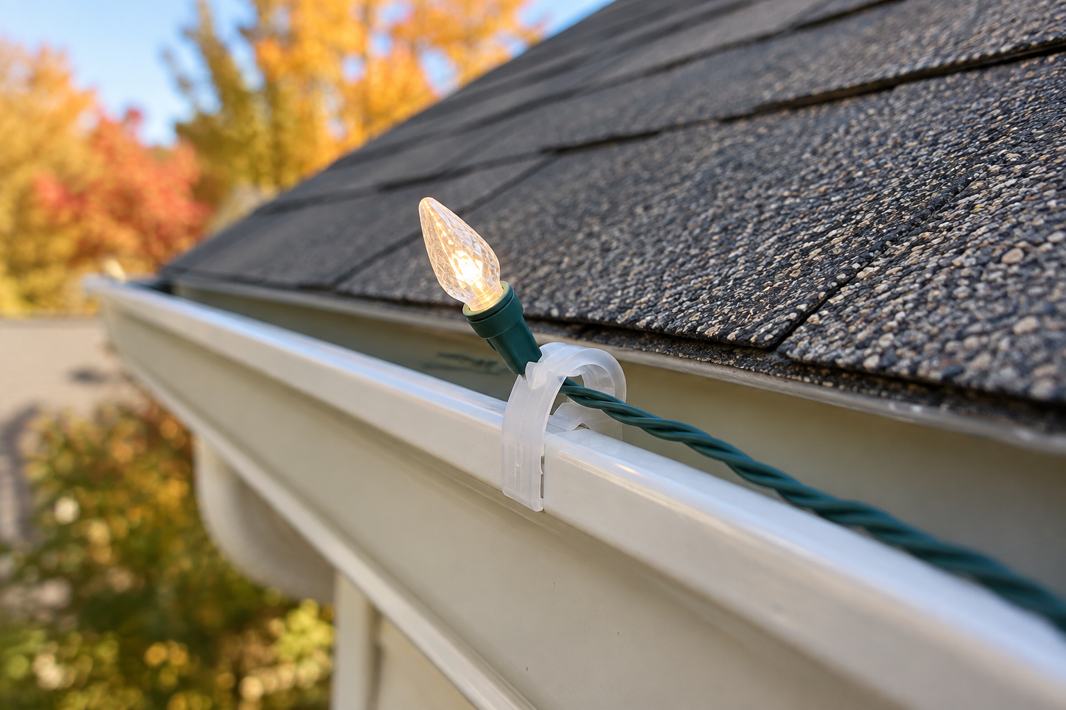A plastic holiday-light clip holds a warm bulb along a clean gutter beside intact asphalt shingles.