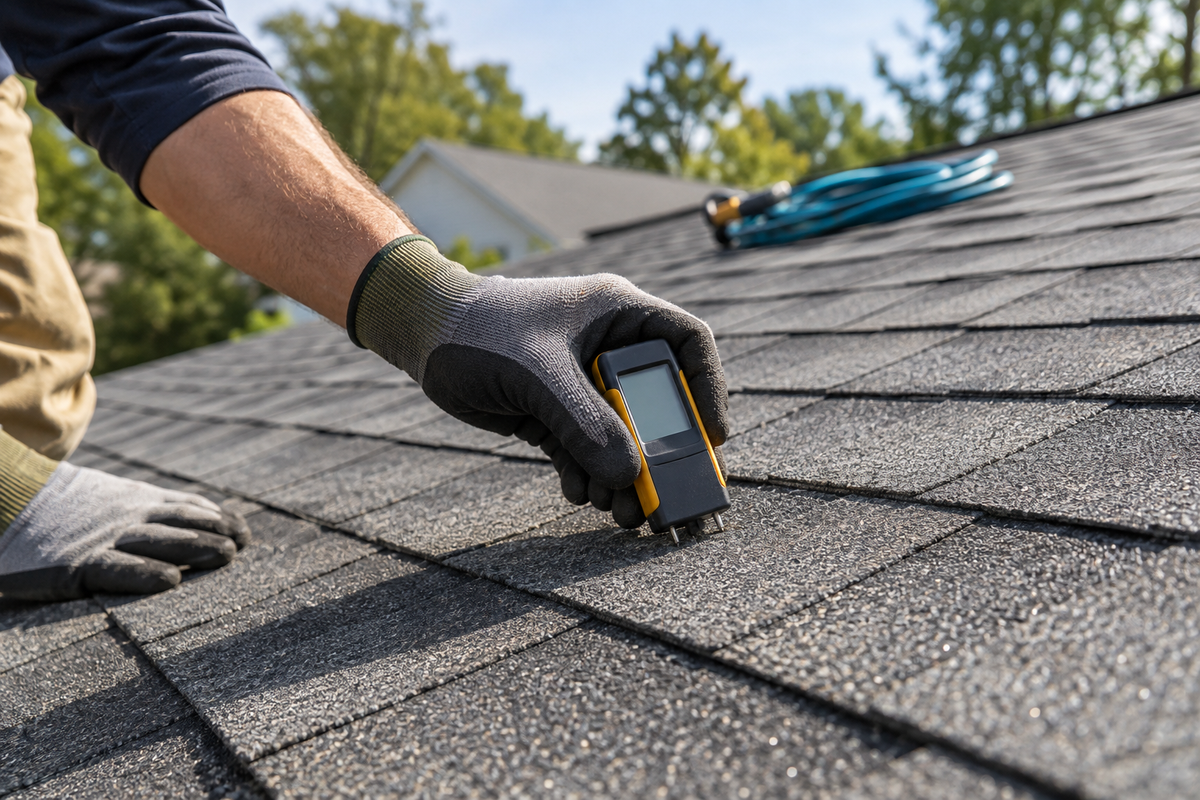 A gloved roofing professional checks dry asphalt shingles with an unbranded moisture meter before treatment.
