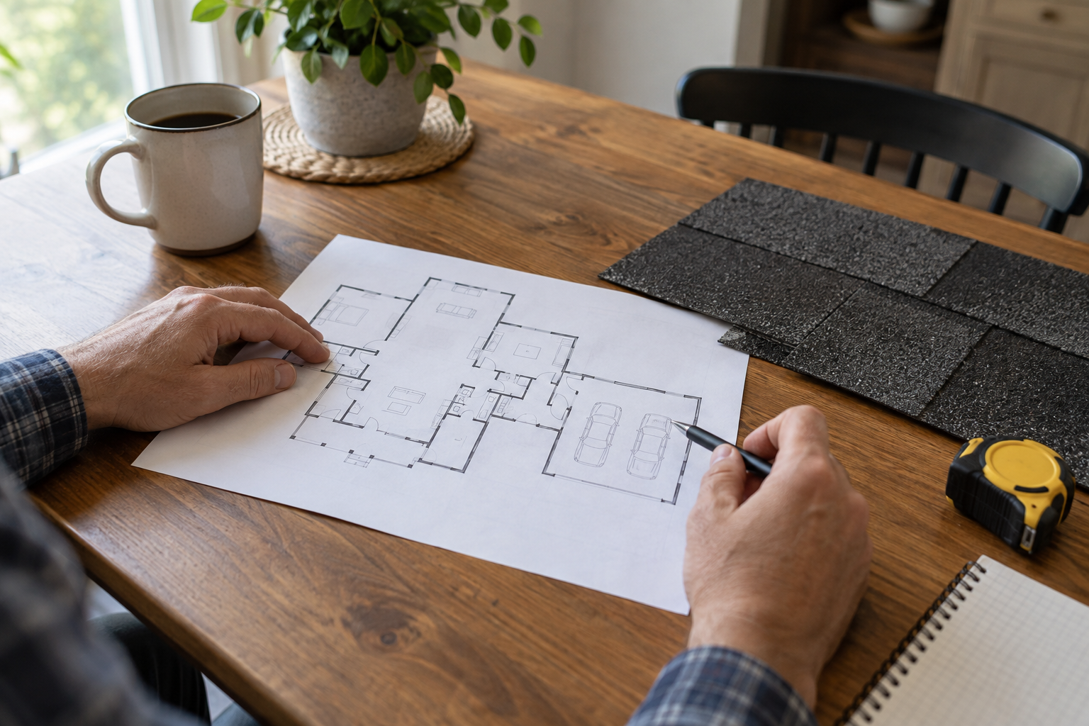 A homeowner reviews a floor plan with an attached garage beside dark roof-shingle samples at a kitchen table.