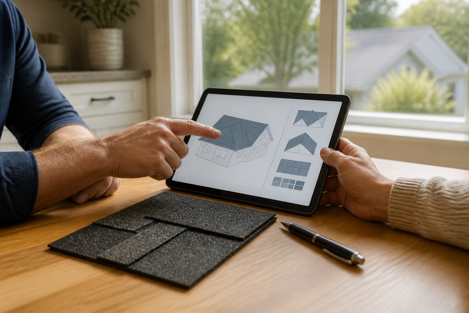 Two people review a roof diagram on a tablet beside asphalt shingle samples at a kitchen table.