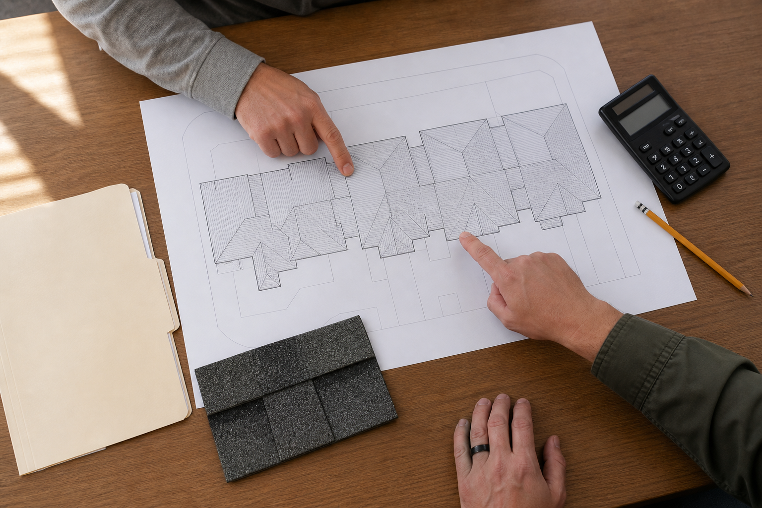 Hands review a connected townhome roof plan beside an asphalt shingle sample and maintenance documents.