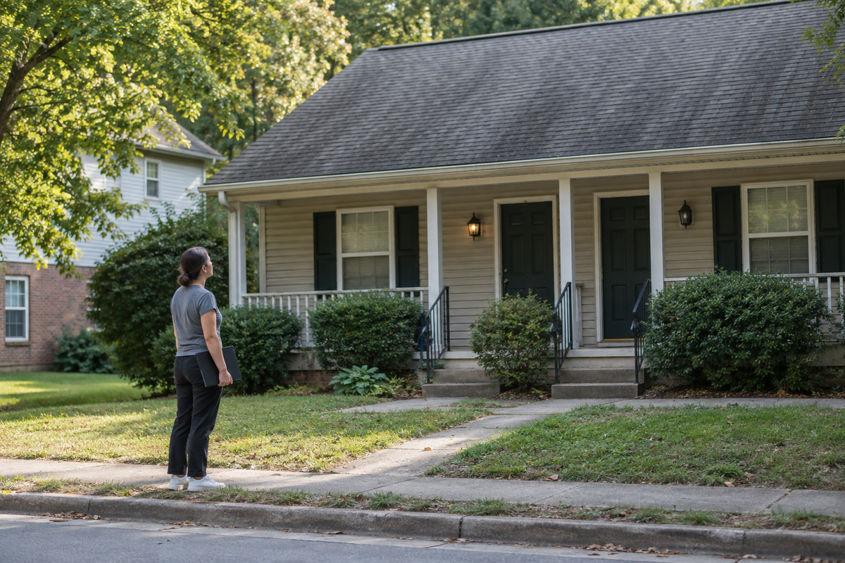 A woman holding a folder looks up at the asphalt-shingle roof of a two-unit house from the sidewalk.