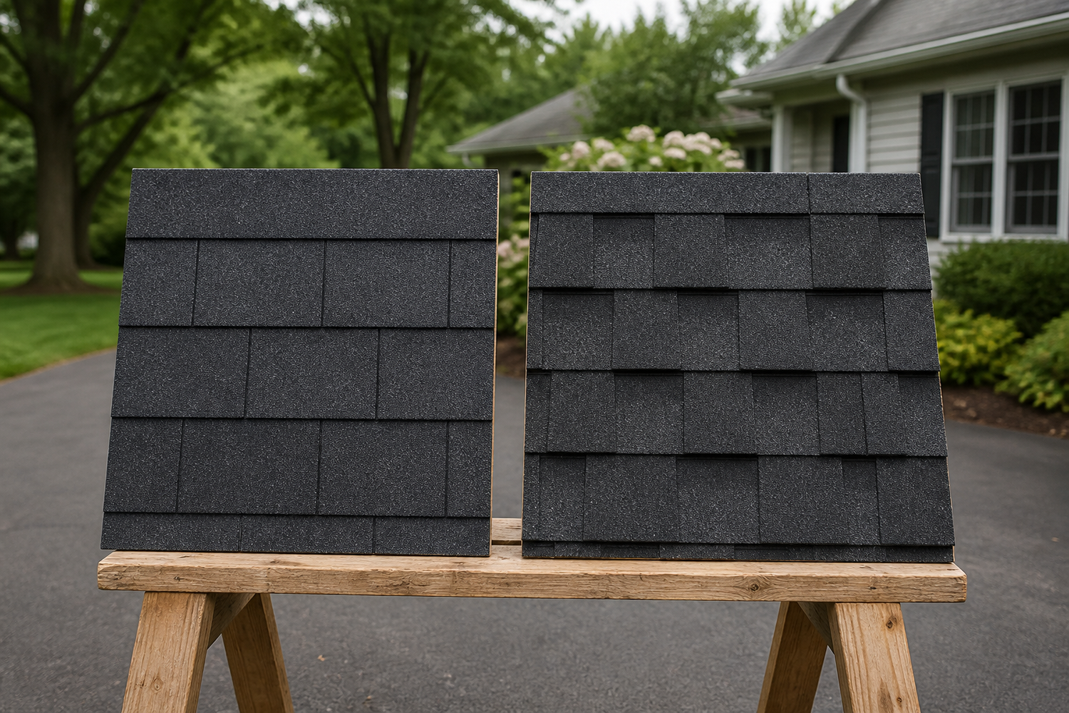 Two charcoal asphalt shingle sample panels show flatter and more dimensional patterns on a wooden st