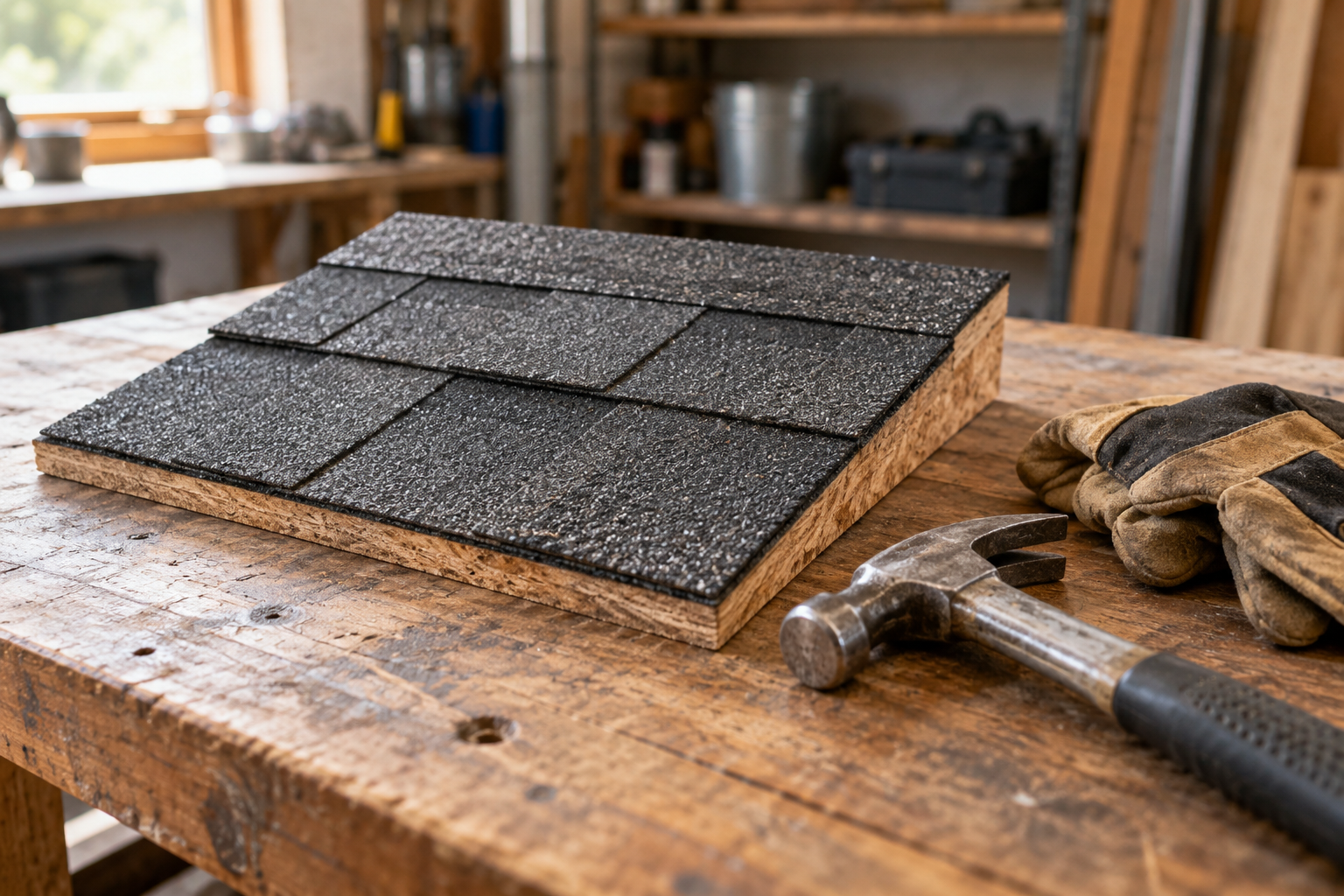 An asphalt shingle sample rests on a wooden workshop bench beside a hammer and a pair of work gloves.