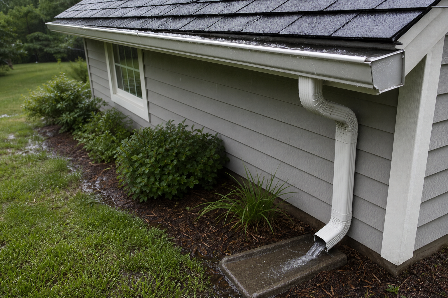Rainwater flows from a pitched aluminum gutter through a downspout onto a splash block beside a home.