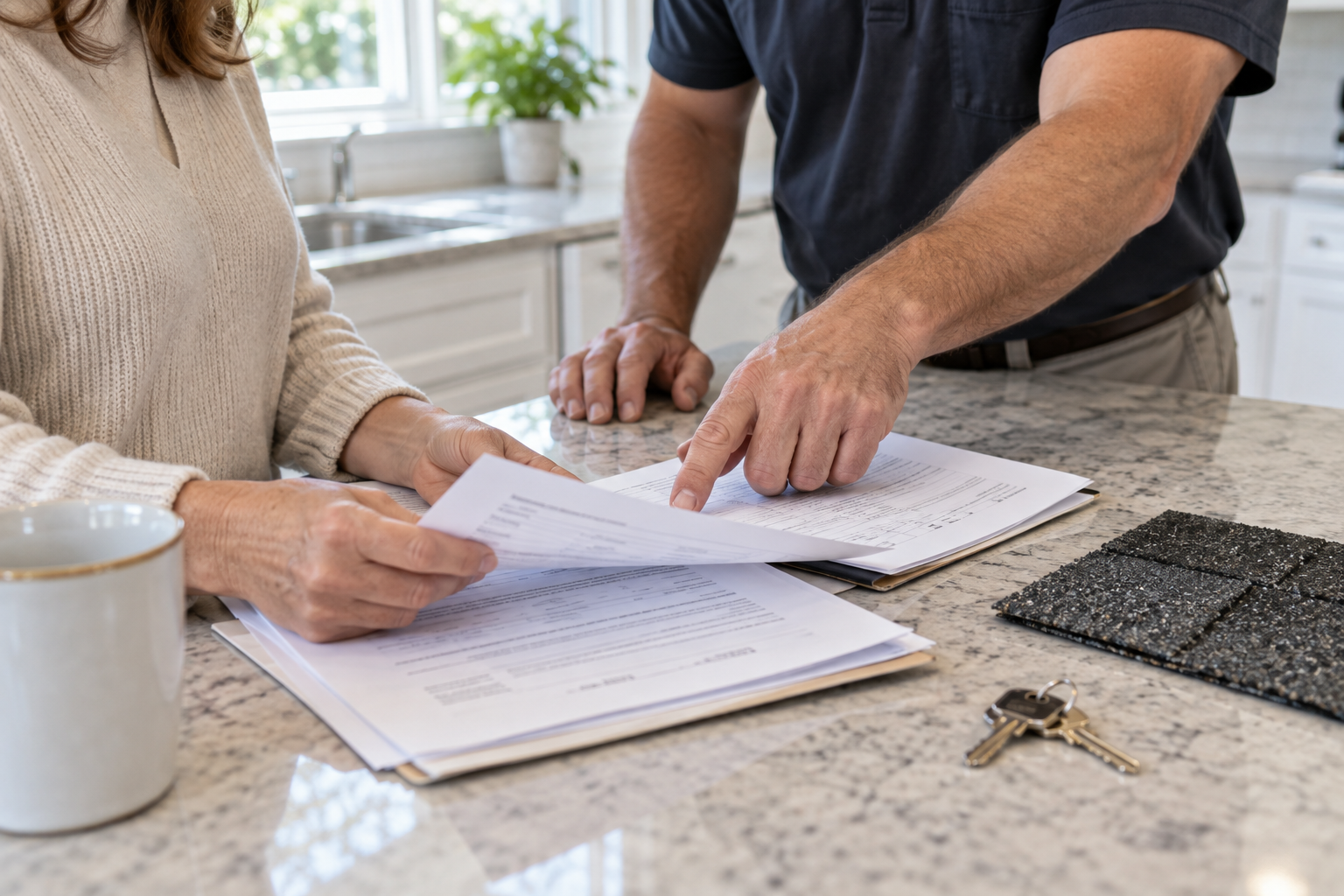 A homeowner and contractor review a written quote beside roof-shingle samples and house keys.