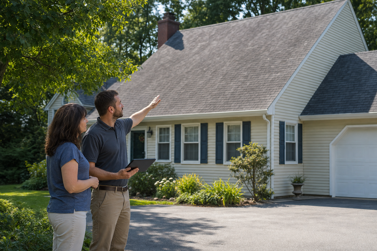 A roofing professional reviews an asphalt-shingle roof assessment with a homeowner beside a suburban house.