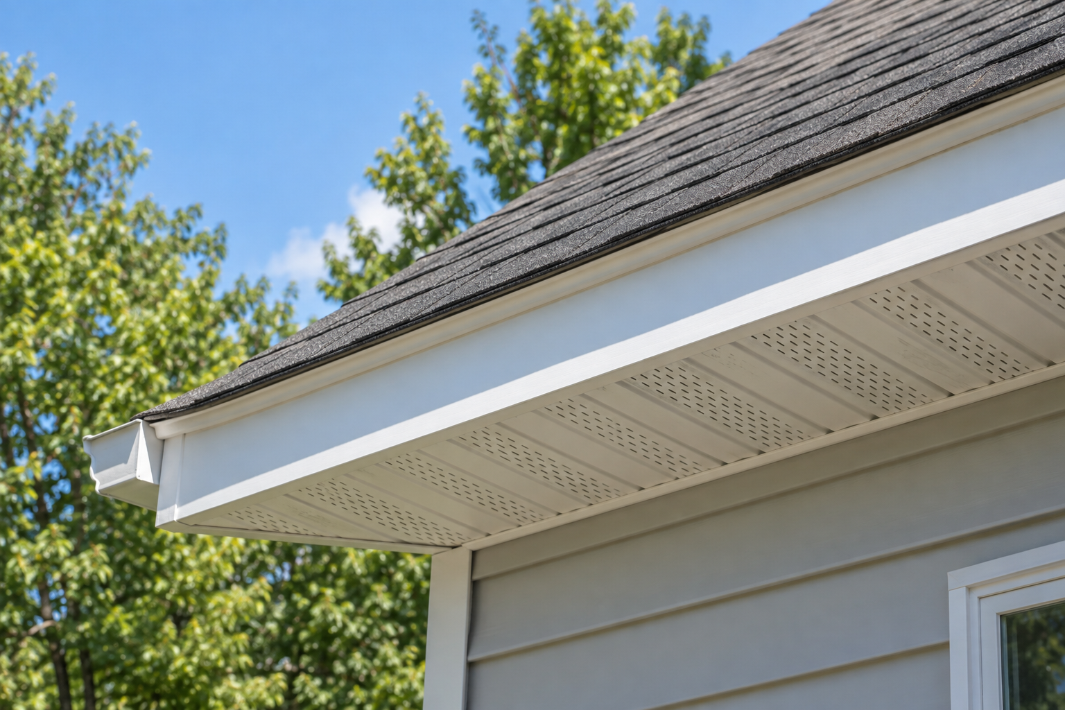 A continuous vented soffit runs beneath a sunlit asphalt-shingle roof with leafy trees in the background.