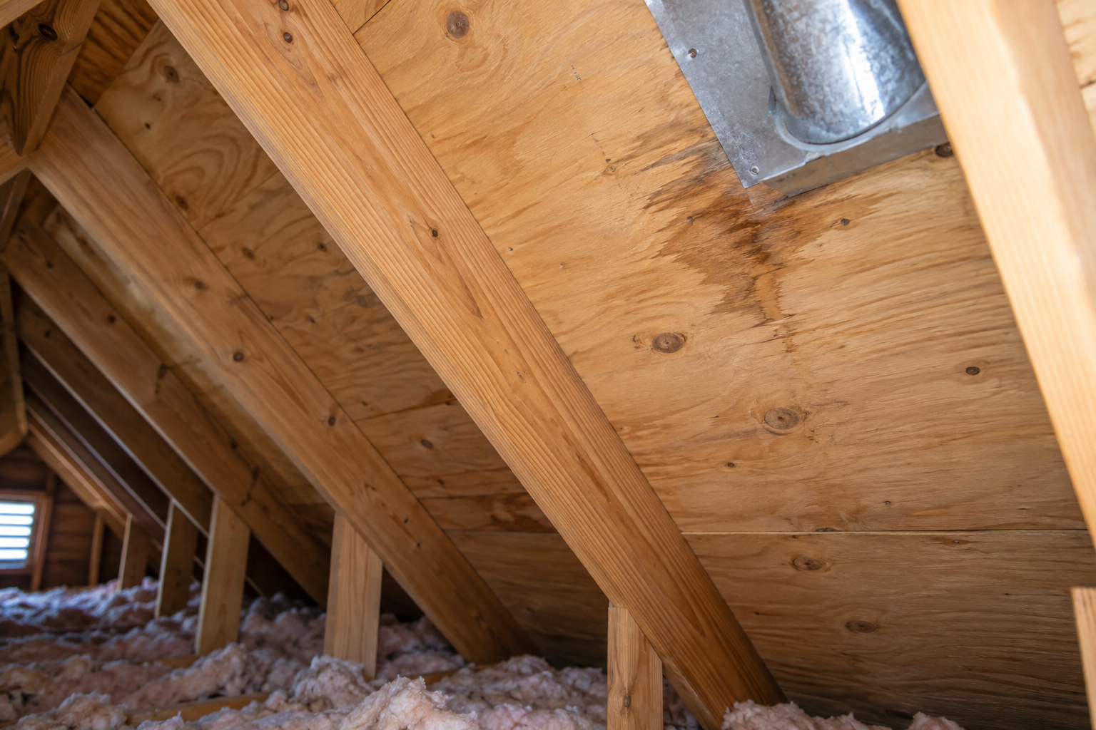 A small water stain appears on attic roof decking beside metal flashing in an otherwise clean attic.