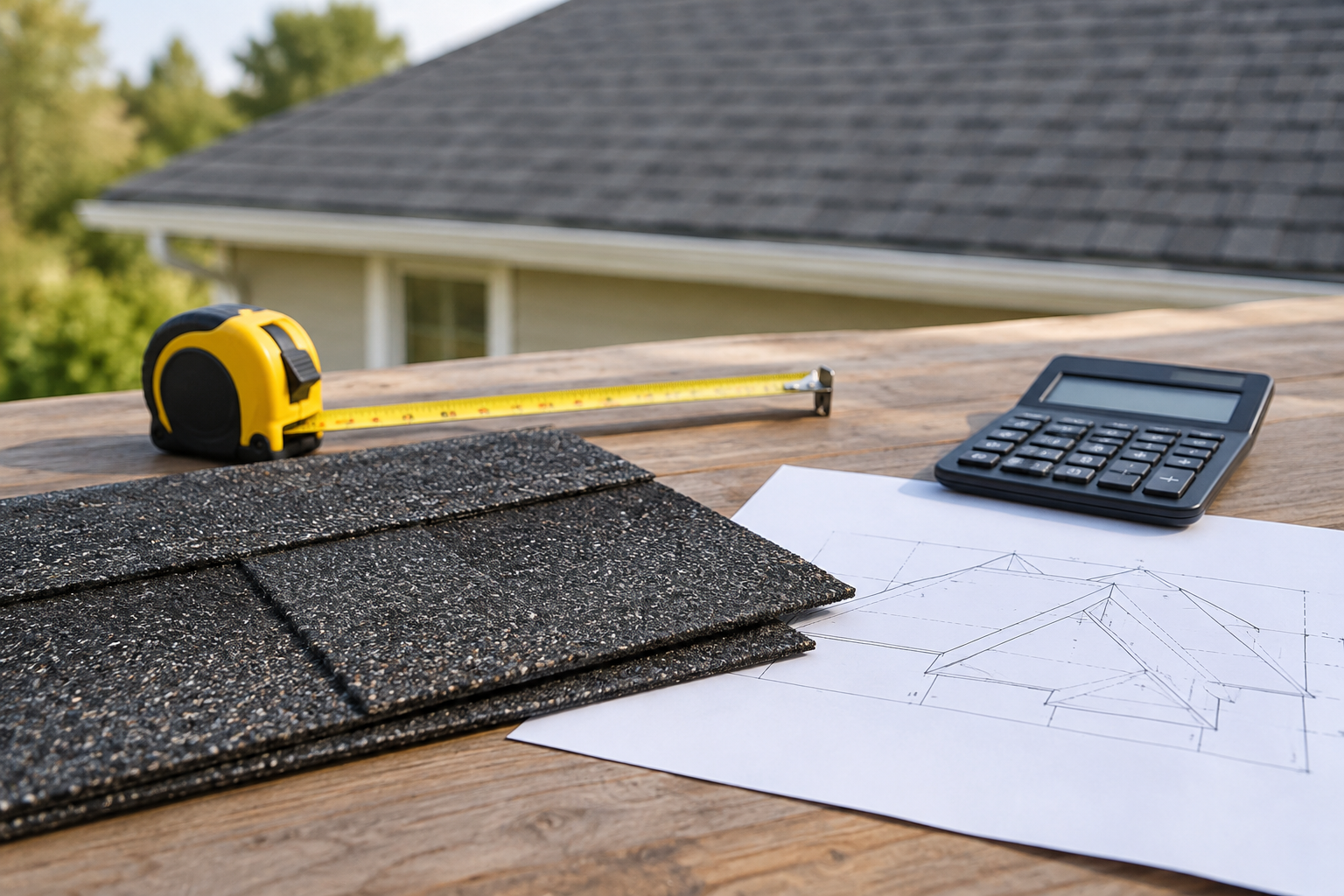 Shingle samples, a measuring tape, calculator, and roof sketch show the factors behind an installed estimate.