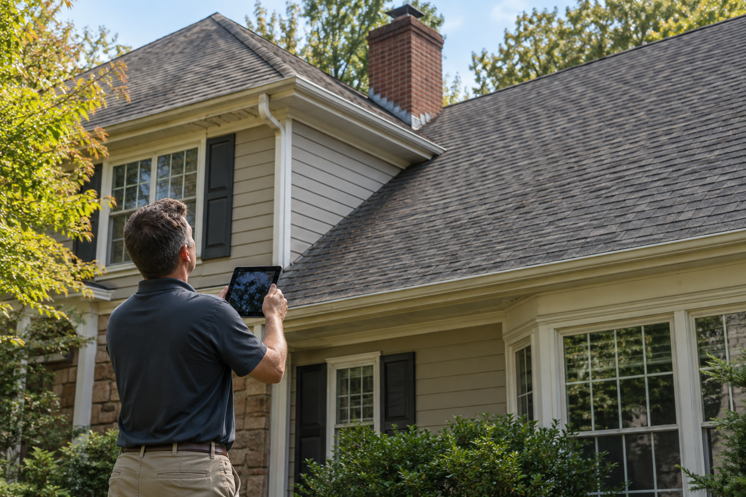 A roofing professional uses a tablet while evaluating the size, height, and complexity of an asphalt-shingle roof.