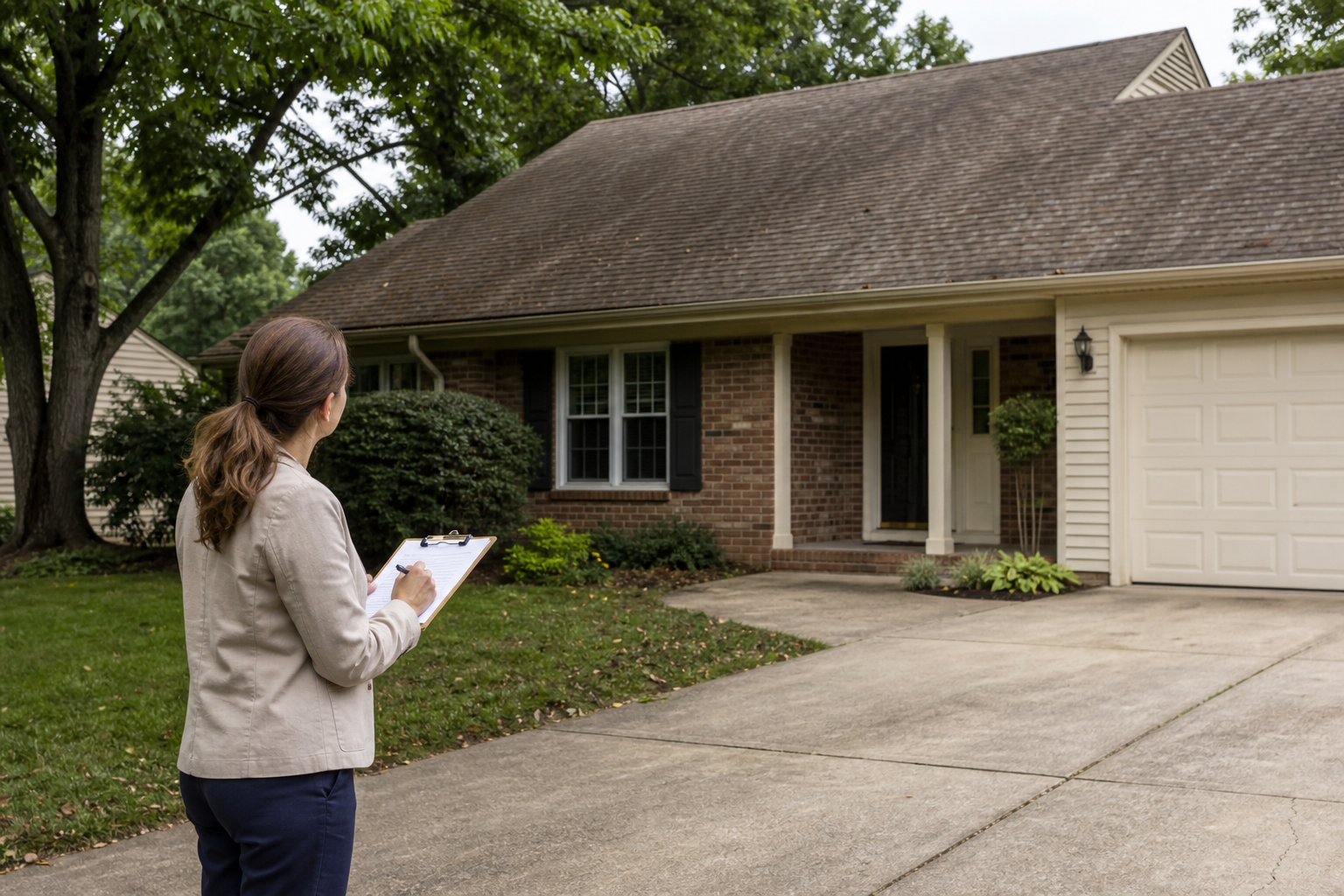 A real estate professional takes notes while evaluating the aging asphalt-shingle roof of a suburban Virginia home.