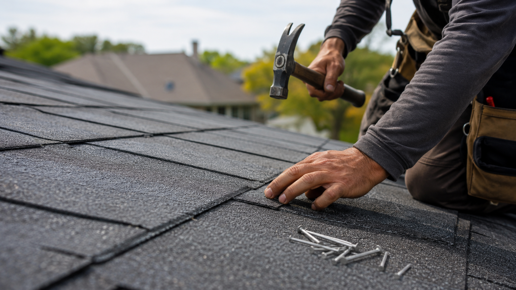 Close-up of asphalt shingles and roofing details on a Richmond, VA home