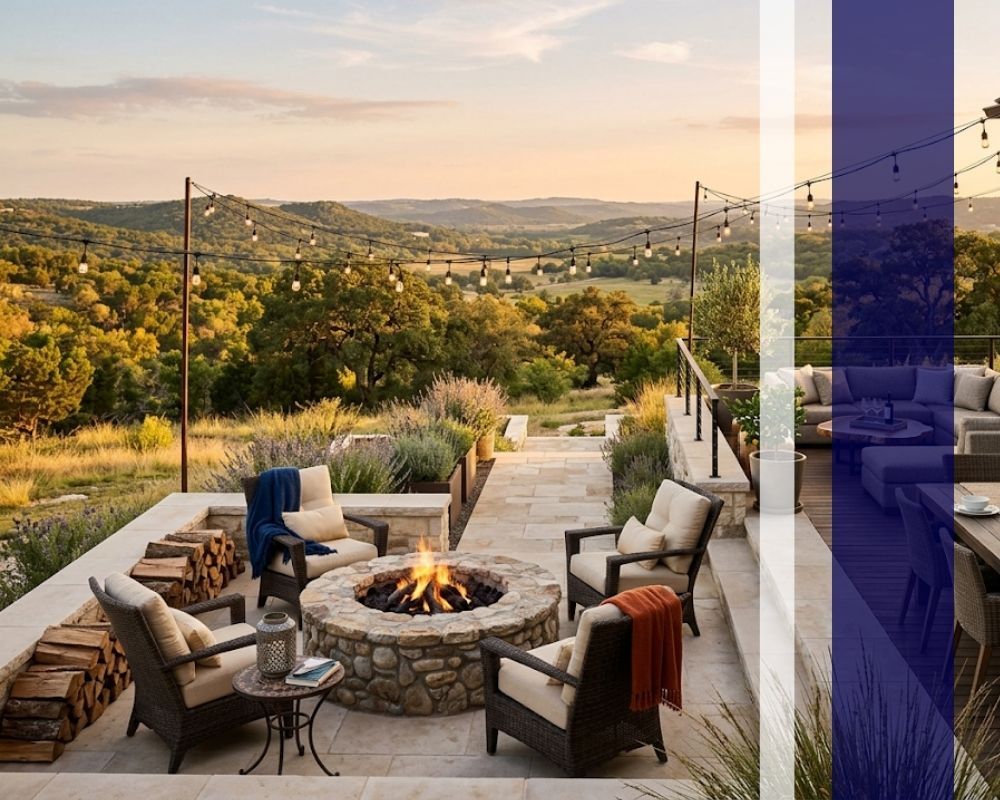Staged vacation rental patio overlooking Texas Hill Country.