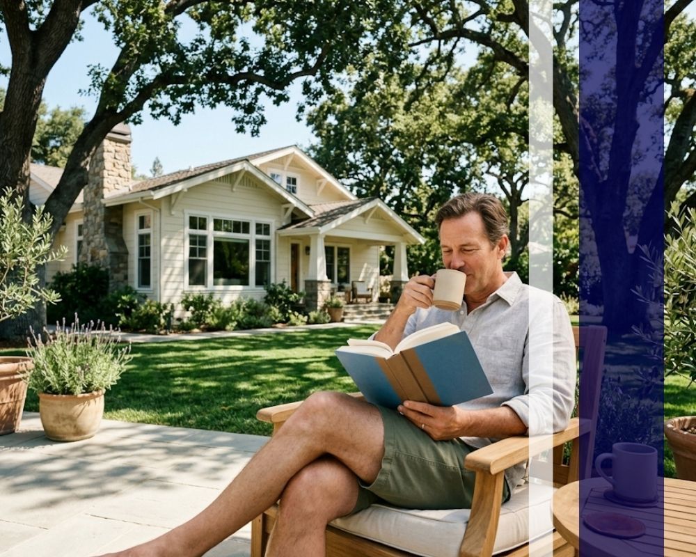 Property owner relaxing peacefully outdoors near home.