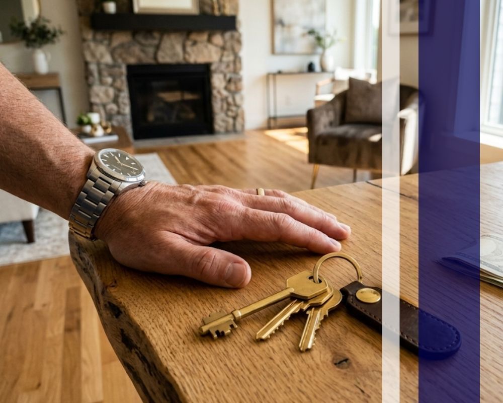 An investor's hand, wearing a quality watch, rests comfortably next to a set of distinct, polished brass house keys