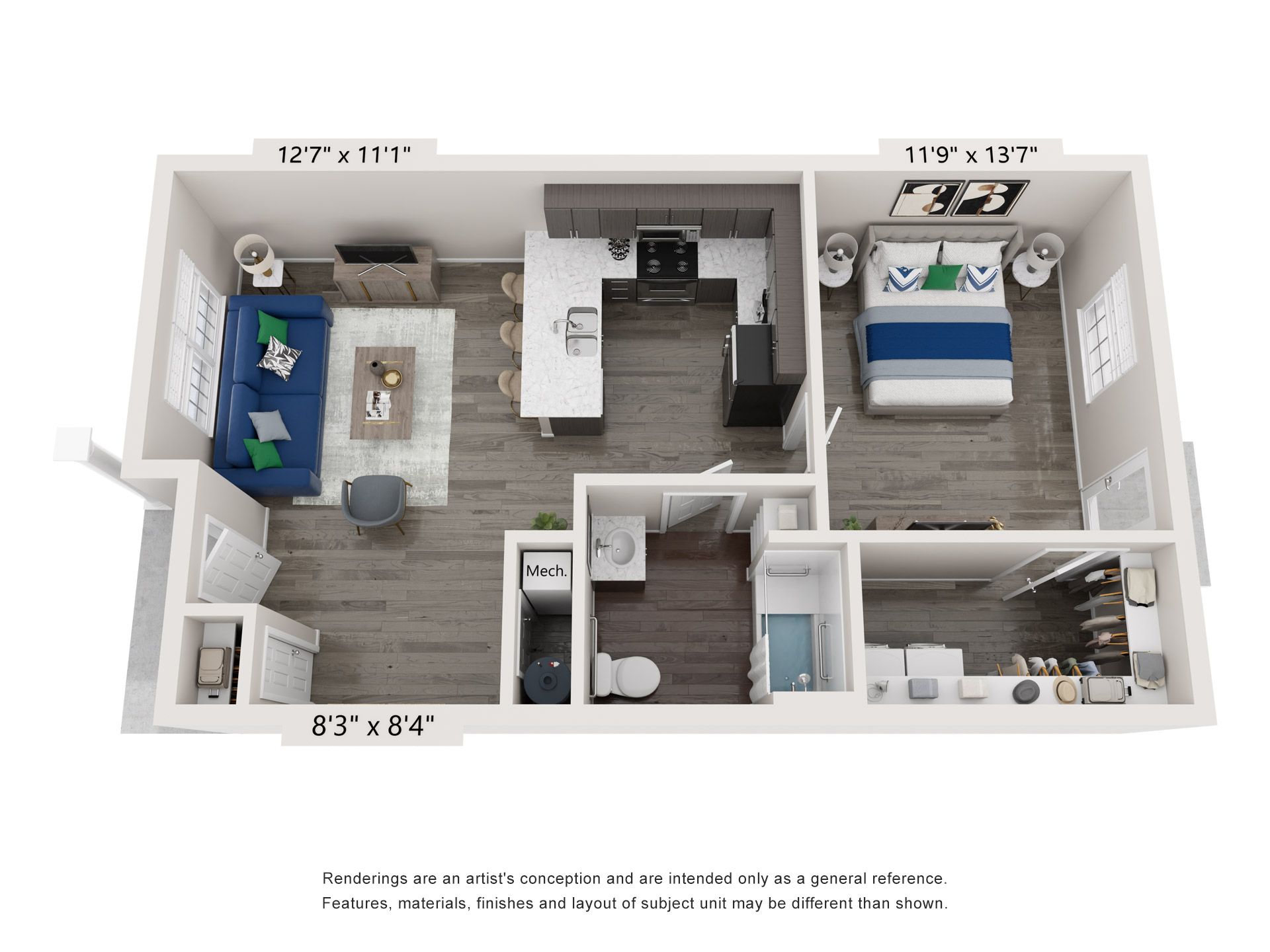 Floor plan rendering of a one-bedroom apartment with a living area, kitchen, bedroom, and bathroom.