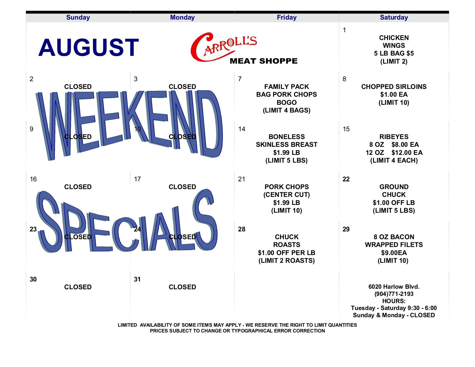 April specials flyer for Caroll's Meat Shop, with prices, meat cuts, and an American flag graphic