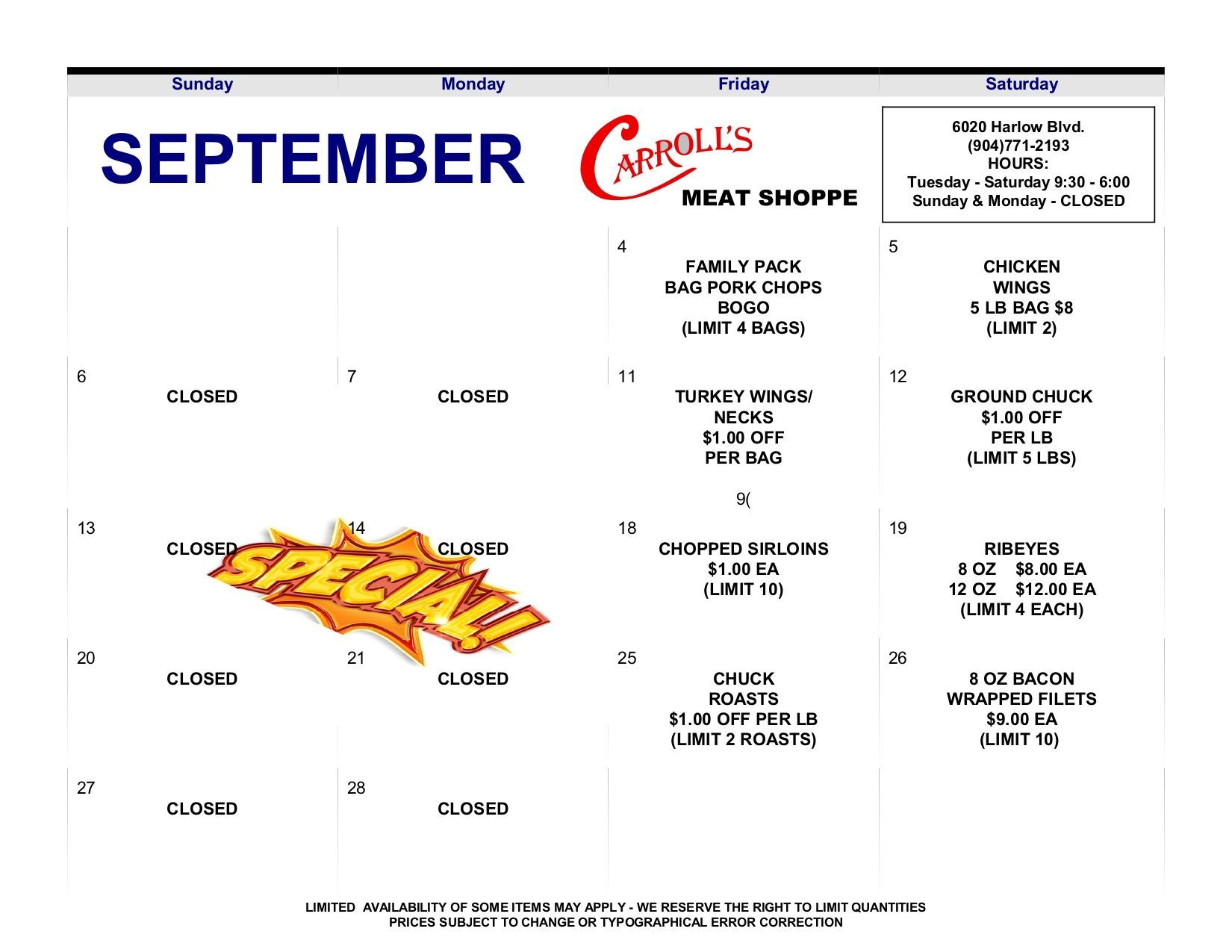 April specials flyer for Caroll's Meat Shop, with prices, meat cuts, and an American flag graphic
