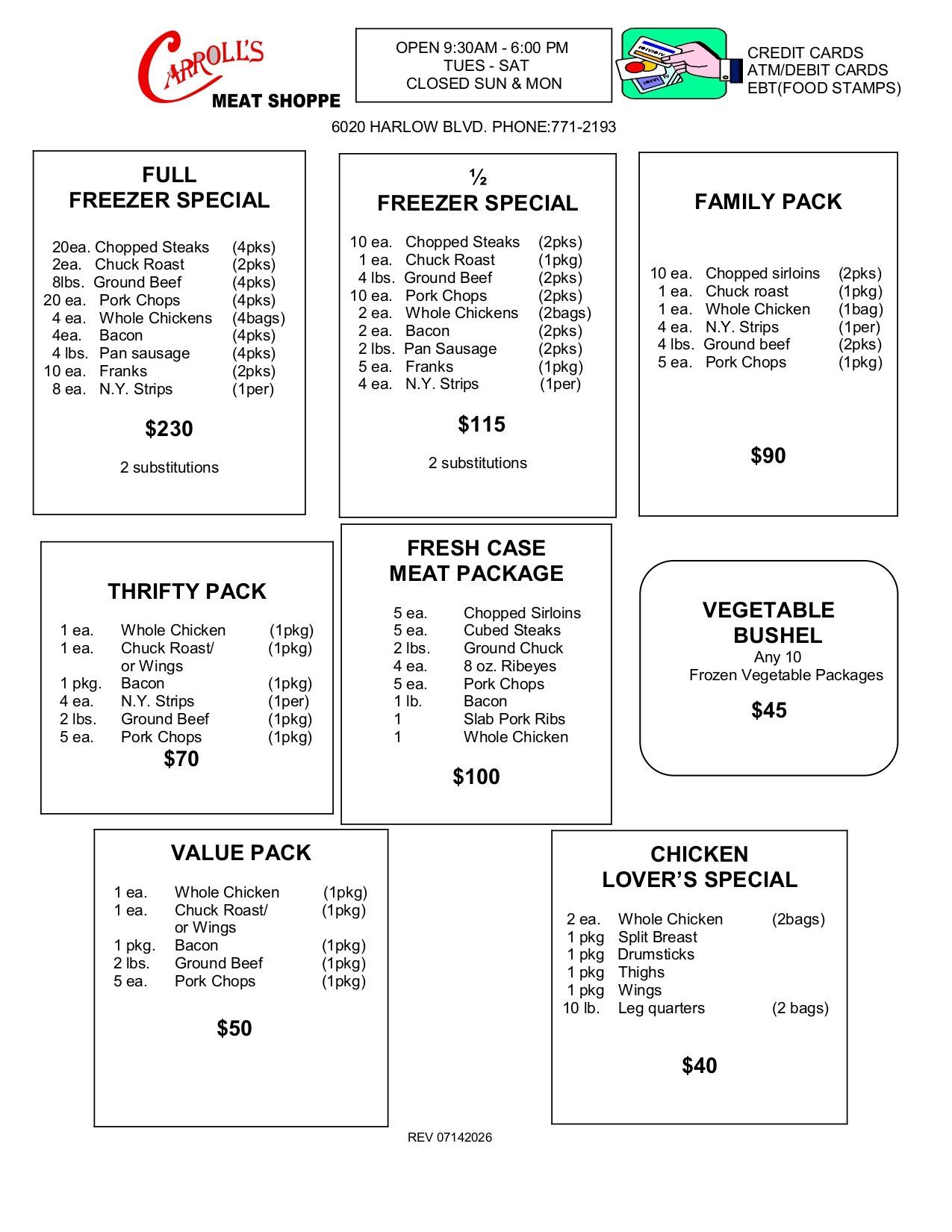 Flyer with boxed specials and grocery prices for meat, produce, family packs, and freezer items.