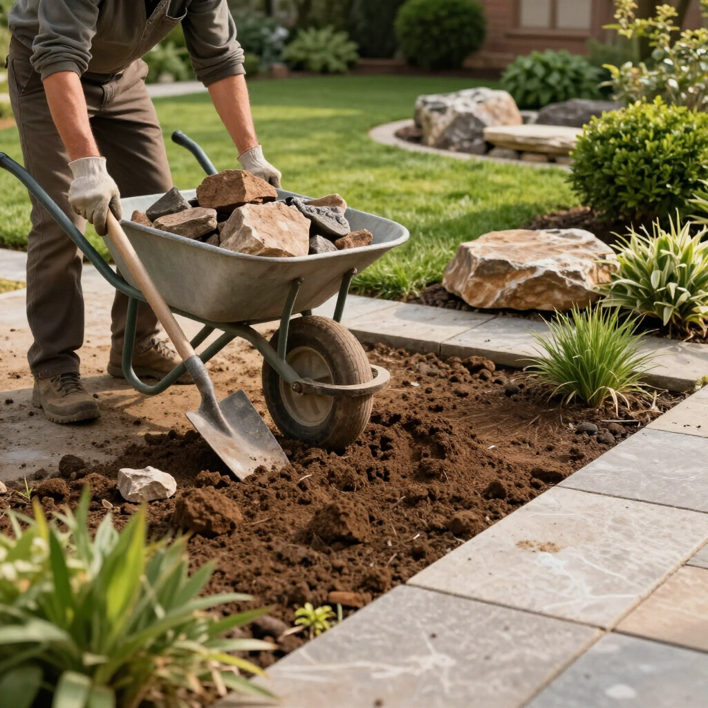 Gardener pushing a wheelbarrow of rocks while filling a garden bed beside a paved walkway