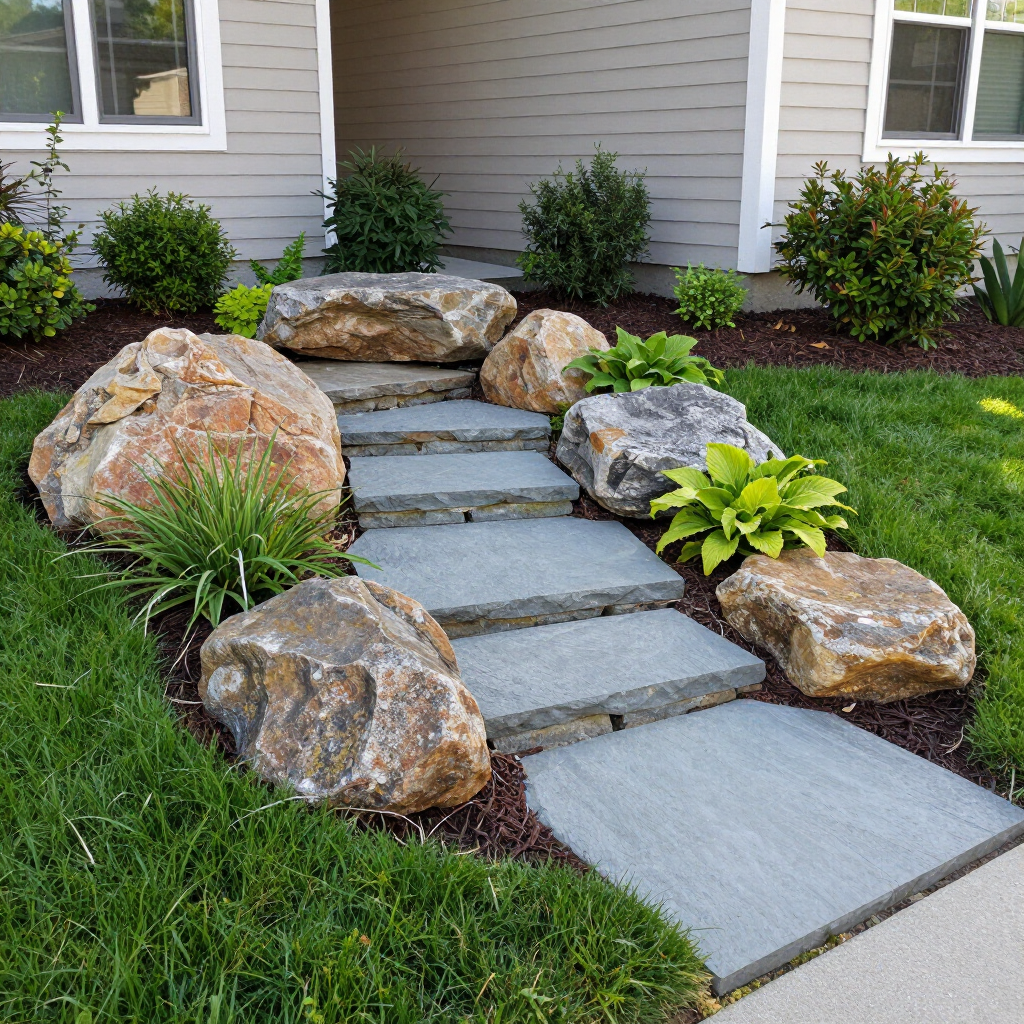 Stepping stone path with large rocks and small shrubs leading to a house entrance
