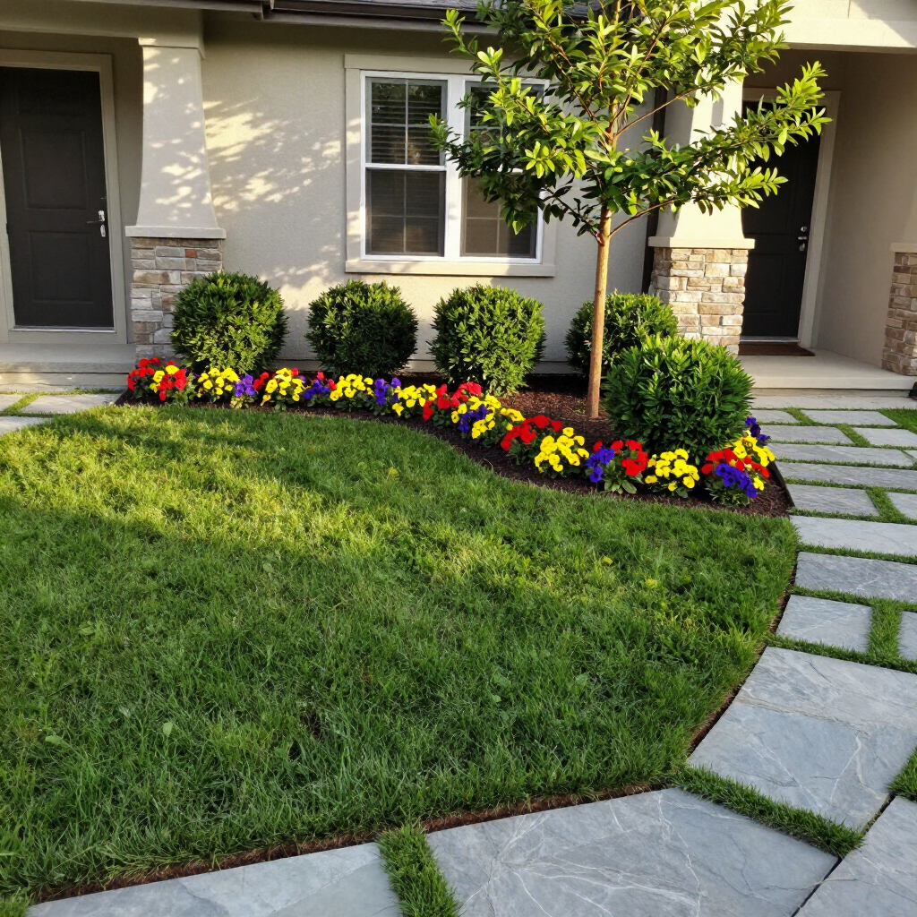 Front yard with green lawn, colorful flower bed, tree, and stone walkway leading to a house entrance