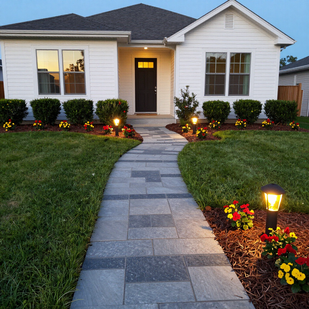 Front walkway to a white house at dusk, with lit garden beds and a black front door.