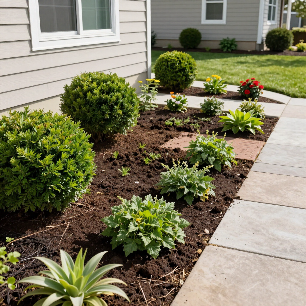 Front-yard flower bed with green shrubs, colorful flowers, and mulch beside a house and sidewalk