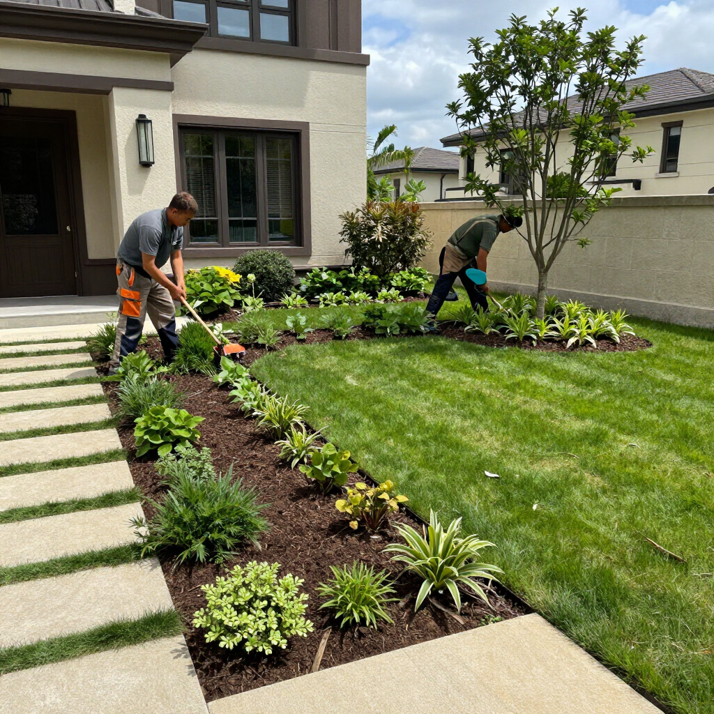 Two landscapers planting a front yard garden beside a house, with fresh mulch and a green lawn