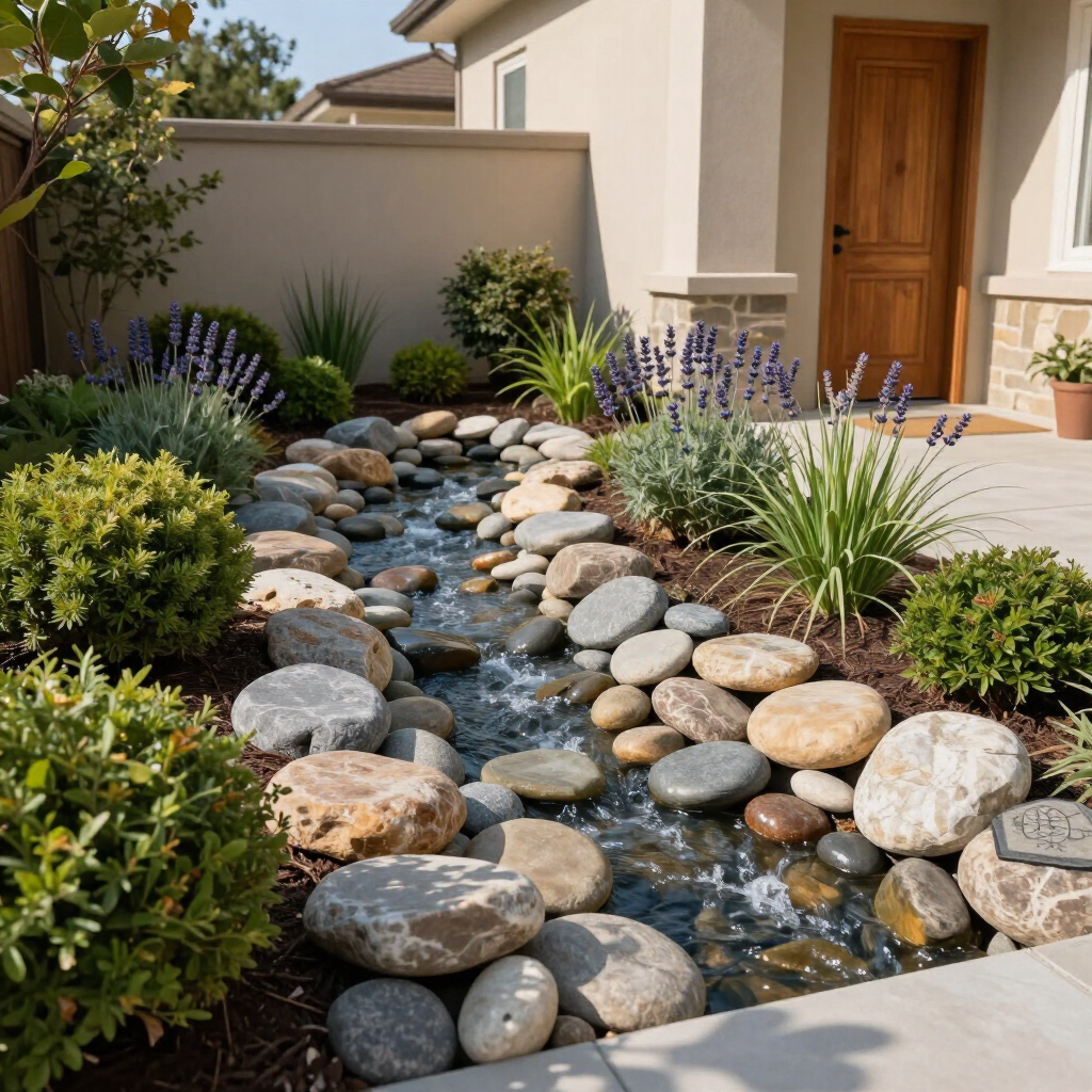Rock-lined garden stream beside a modern house entry with succulents and lavender blossoms