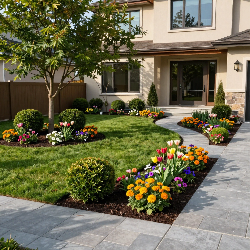 Front yard of a house with a curved walkway and colorful flower beds bordering a green lawn