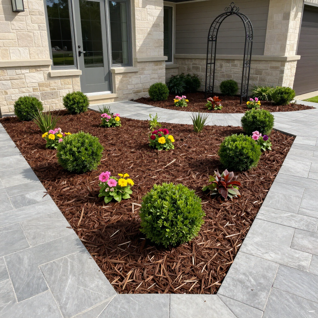Landscaped flower bed with mulch, pink and yellow flowers, and round shrubs beside a stone house entrance