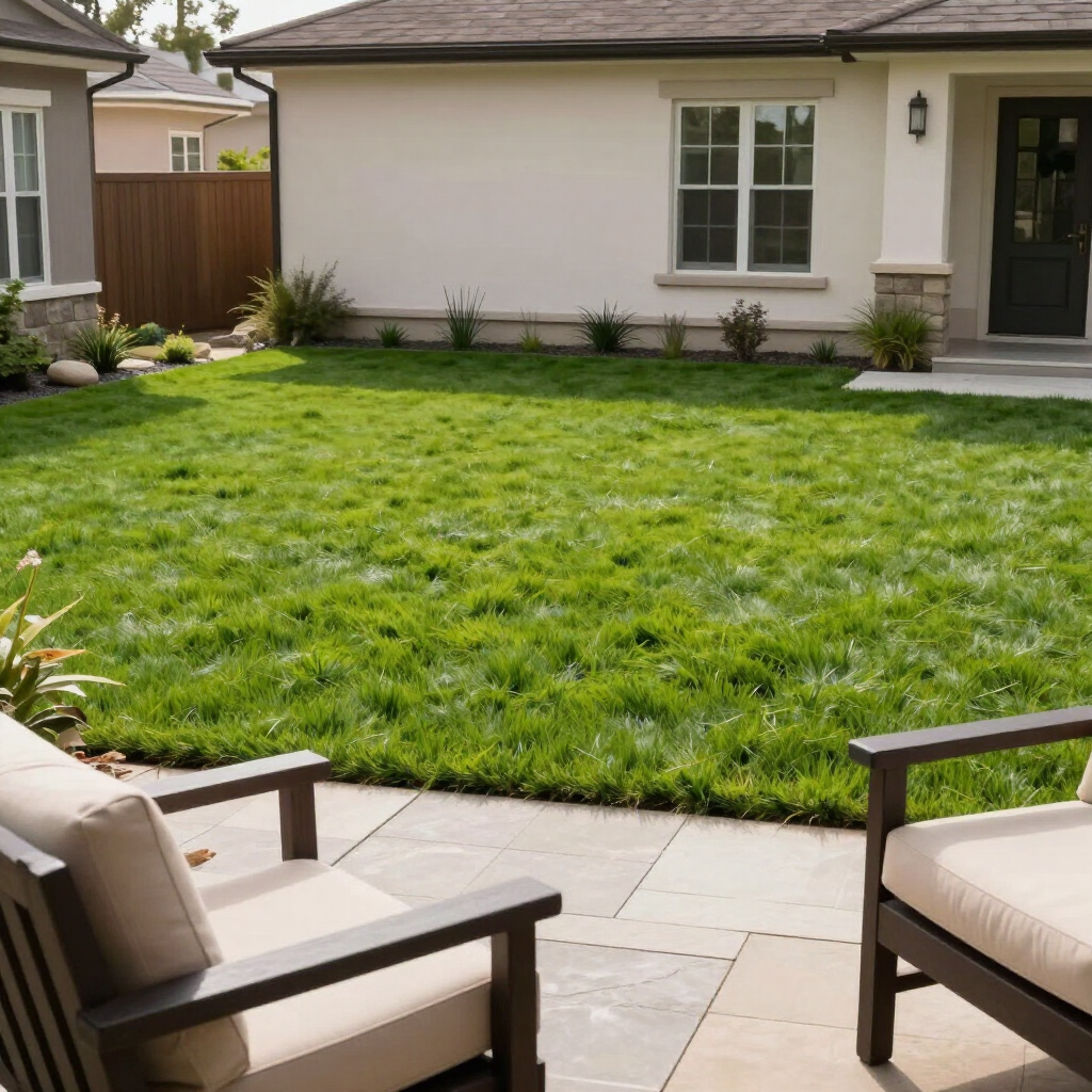 Patio chairs overlook a green backyard lawn and a single-story house exterior.